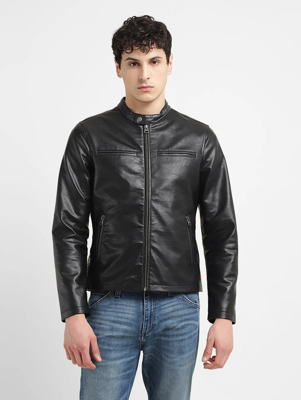 Men's Solid Black Band Neck Biker Jacket