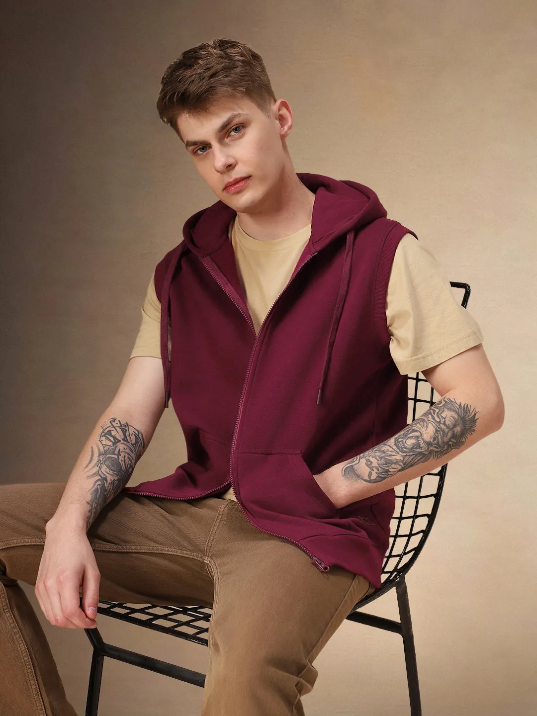 Men's Solid Maroon Hooded Sleeveless Hoodie