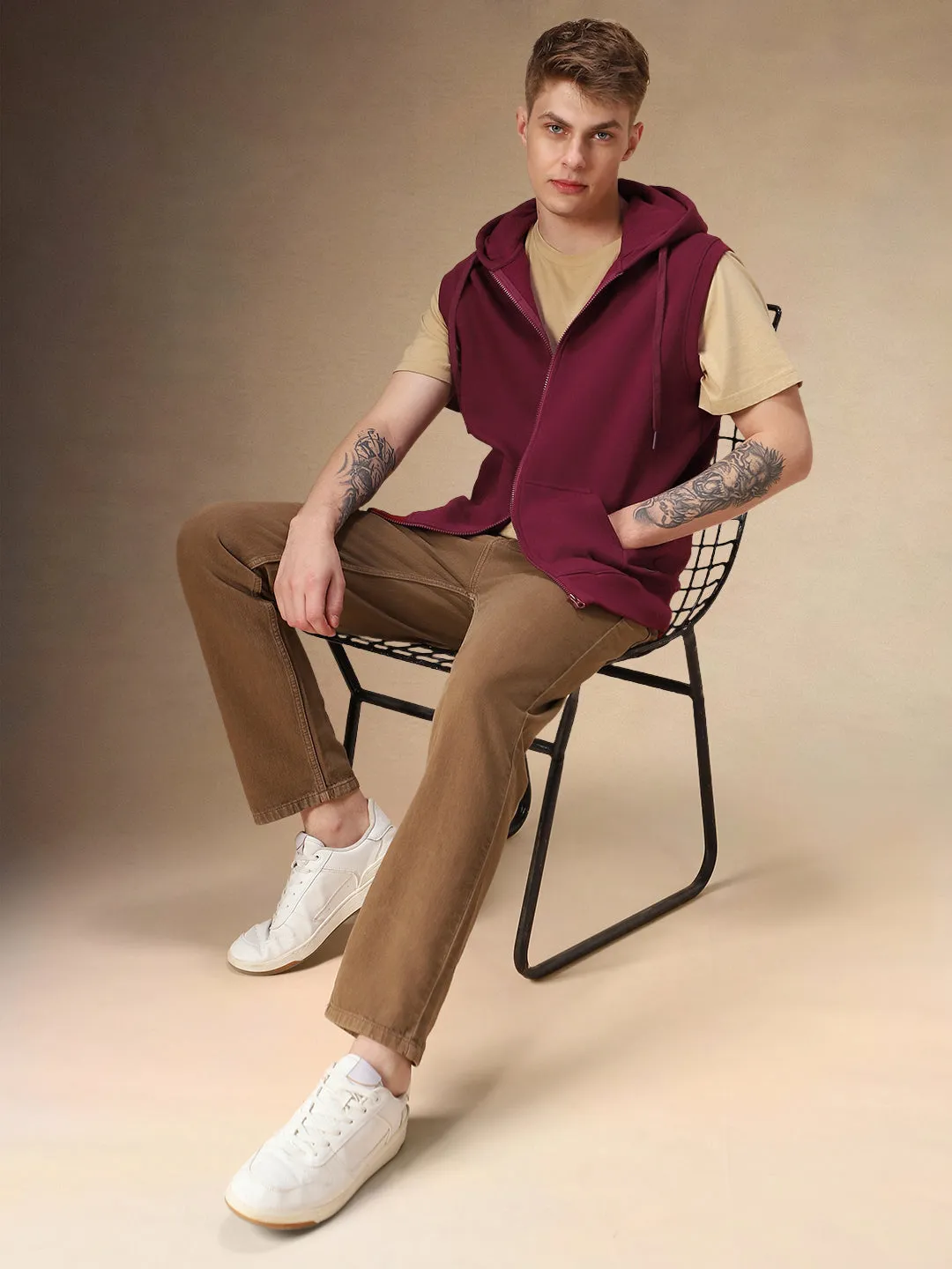 Men's Solid Maroon Hooded Sleeveless Hoodie