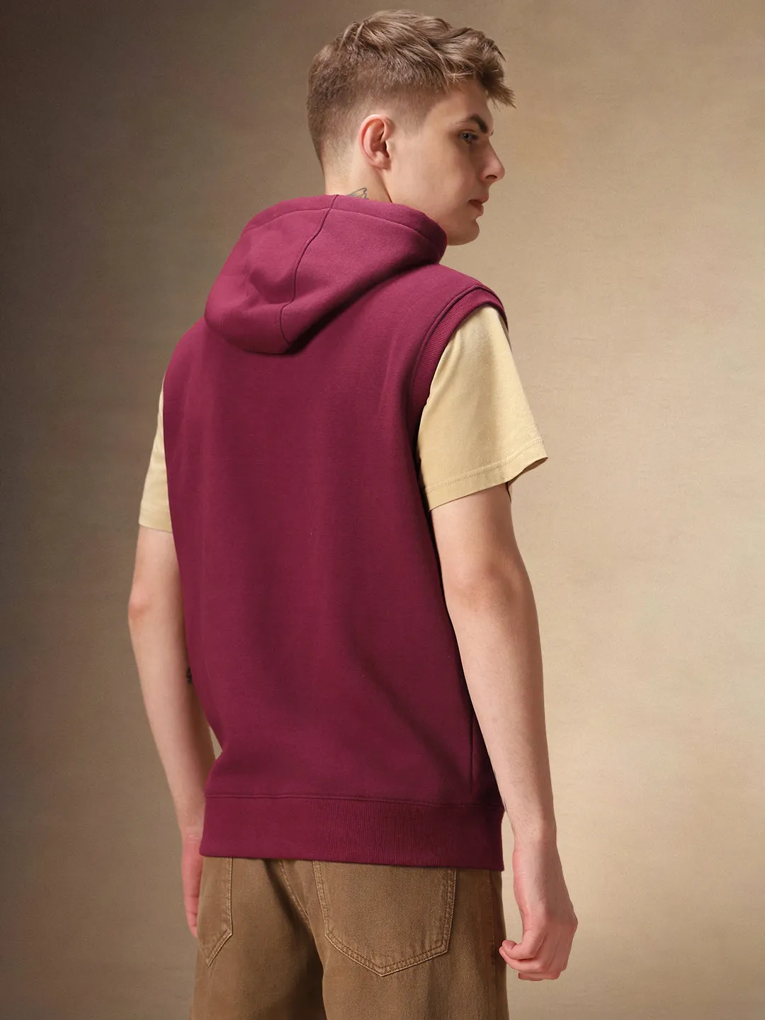 Men's Solid Maroon Hooded Sleeveless Hoodie