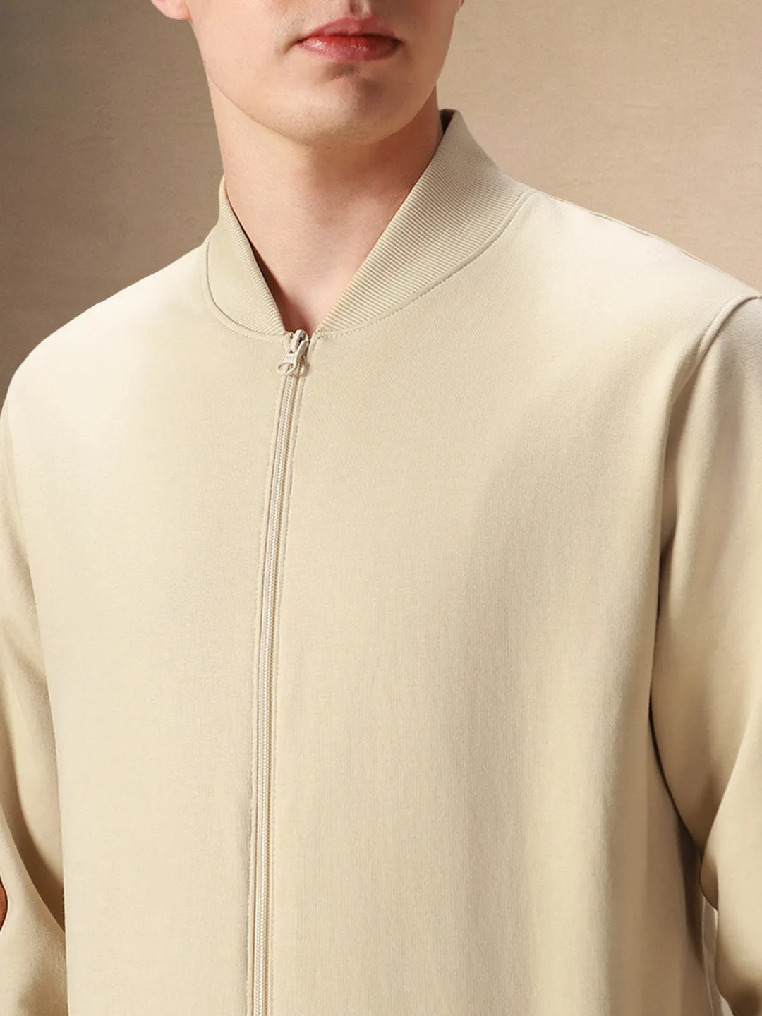 Men's Solid Rib Collar Full Sleeves Front-Open Sweatshirt