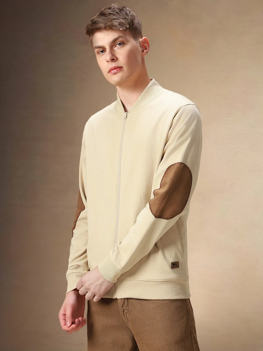 Men's Solid Rib Collar Full Sleeves Front-Open Sweatshirt