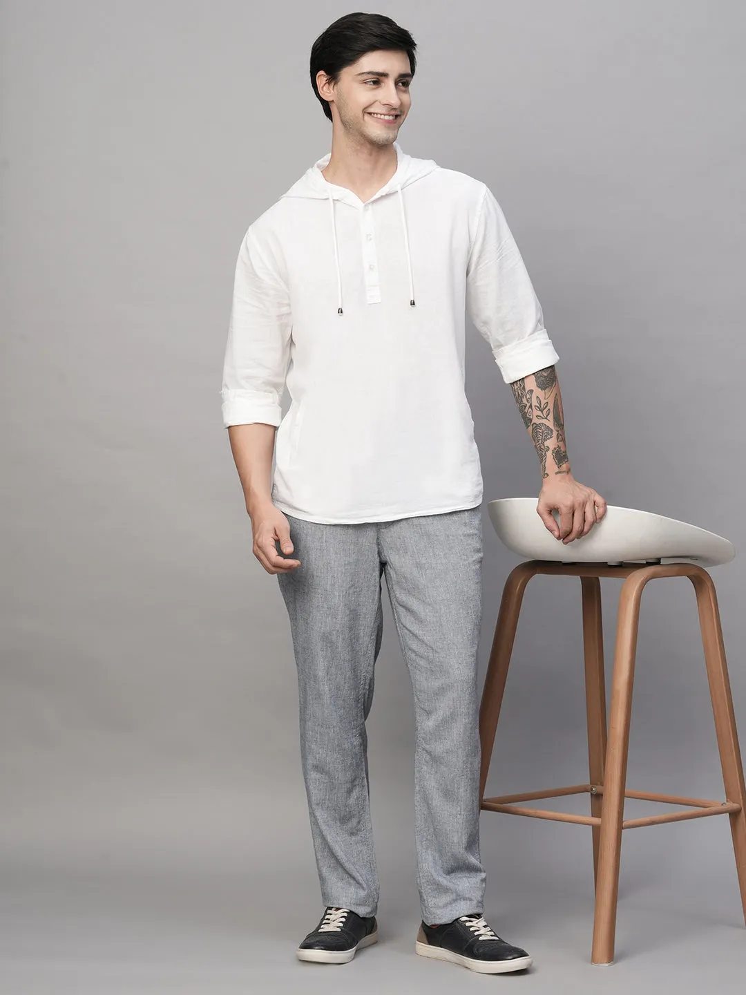 Men's White Cotton Linen Regular Fit Shirt