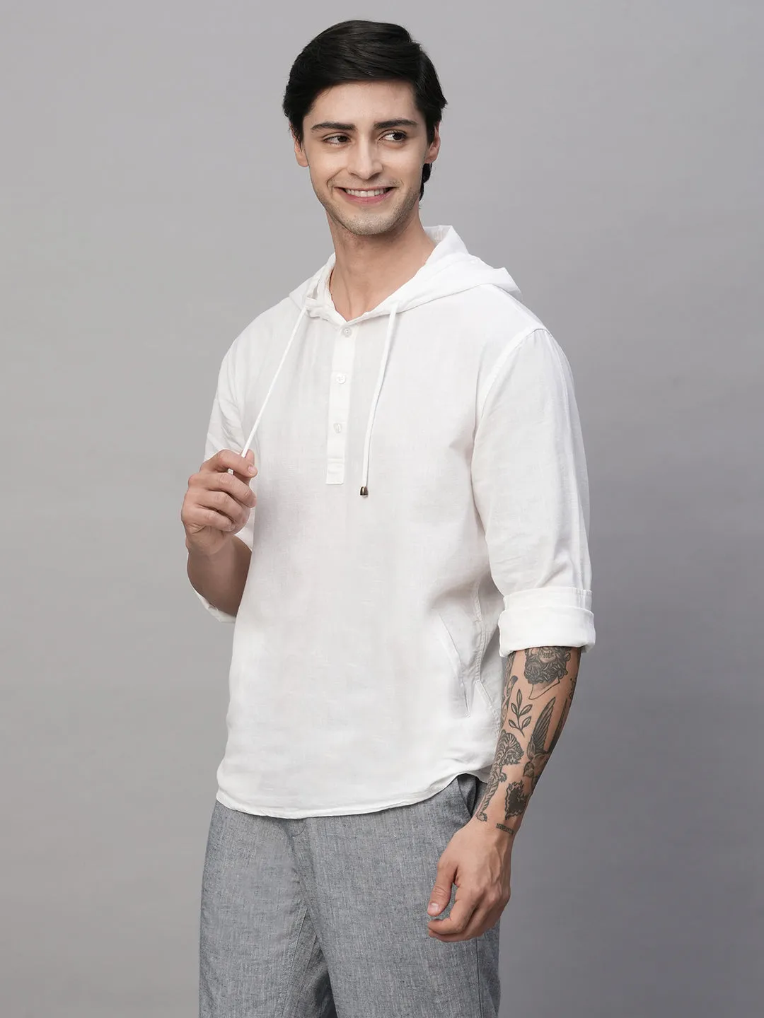 Men's White Cotton Linen Regular Fit Shirt