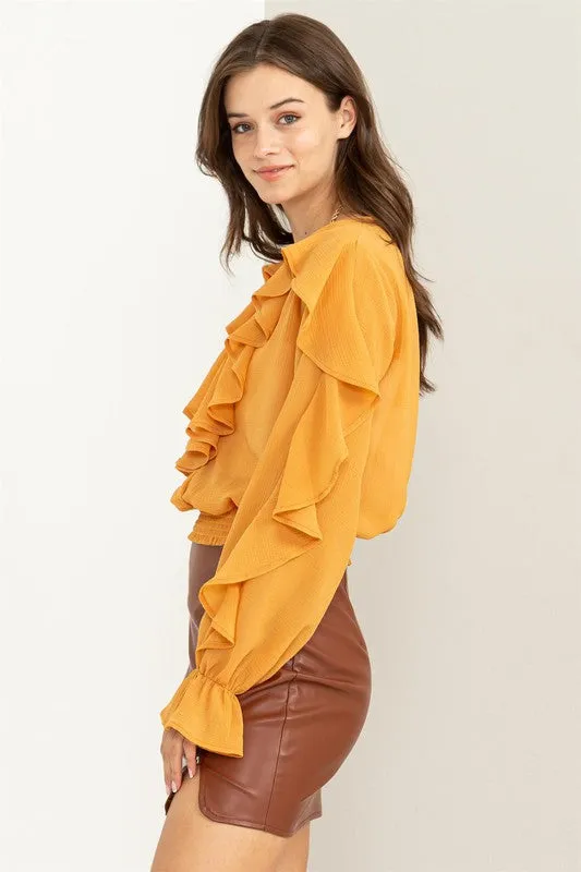 Mustard Fresh Start Ruffled Chiffon Blouse