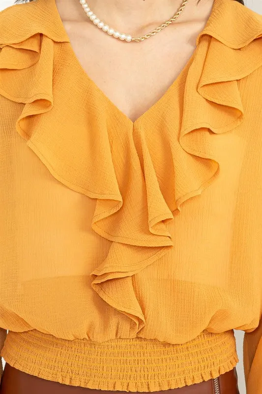 Mustard Fresh Start Ruffled Chiffon Blouse