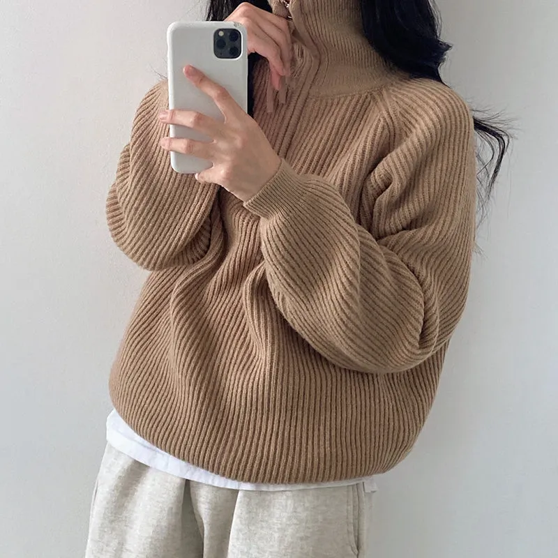 Nikki Woman Loose Zippers Turtleneck Sweater