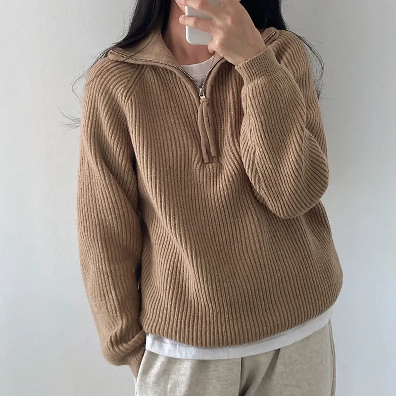 Nikki Woman Loose Zippers Turtleneck Sweater