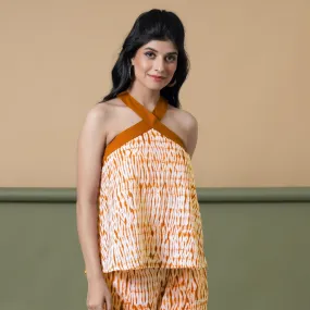 Orange Shibori Tie-Dye Cotton Halter Neck Flared Top