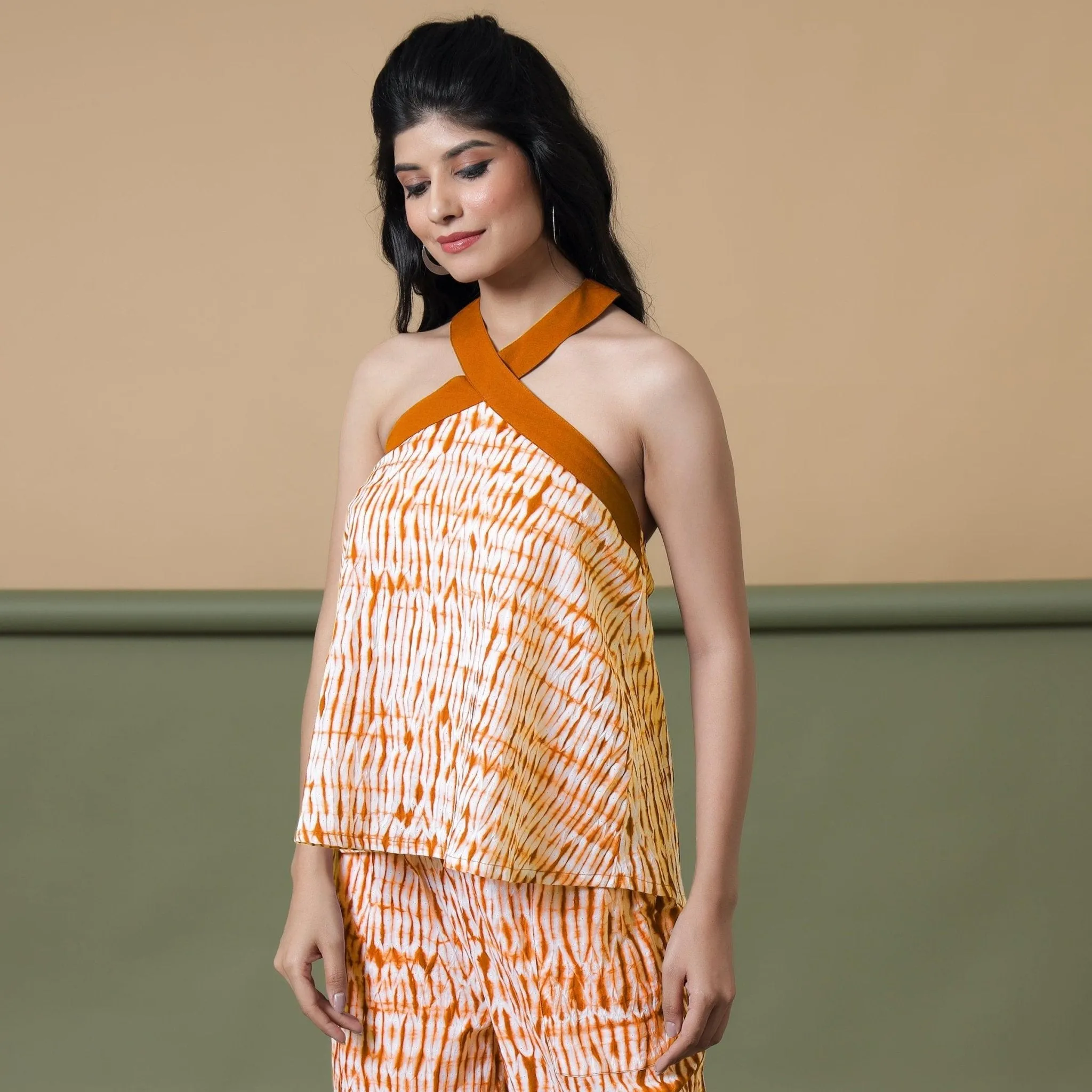 Orange Shibori Tie-Dye Cotton Halter Neck Flared Top