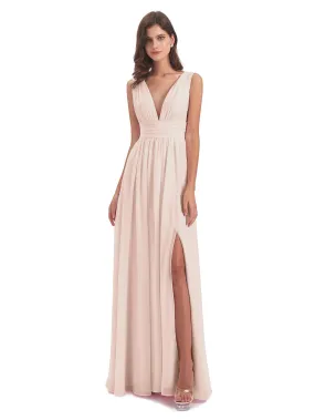 Pearl Pink Bridesmaid Charming Chiffon V Neck Split Long Bridesmaid Dresses