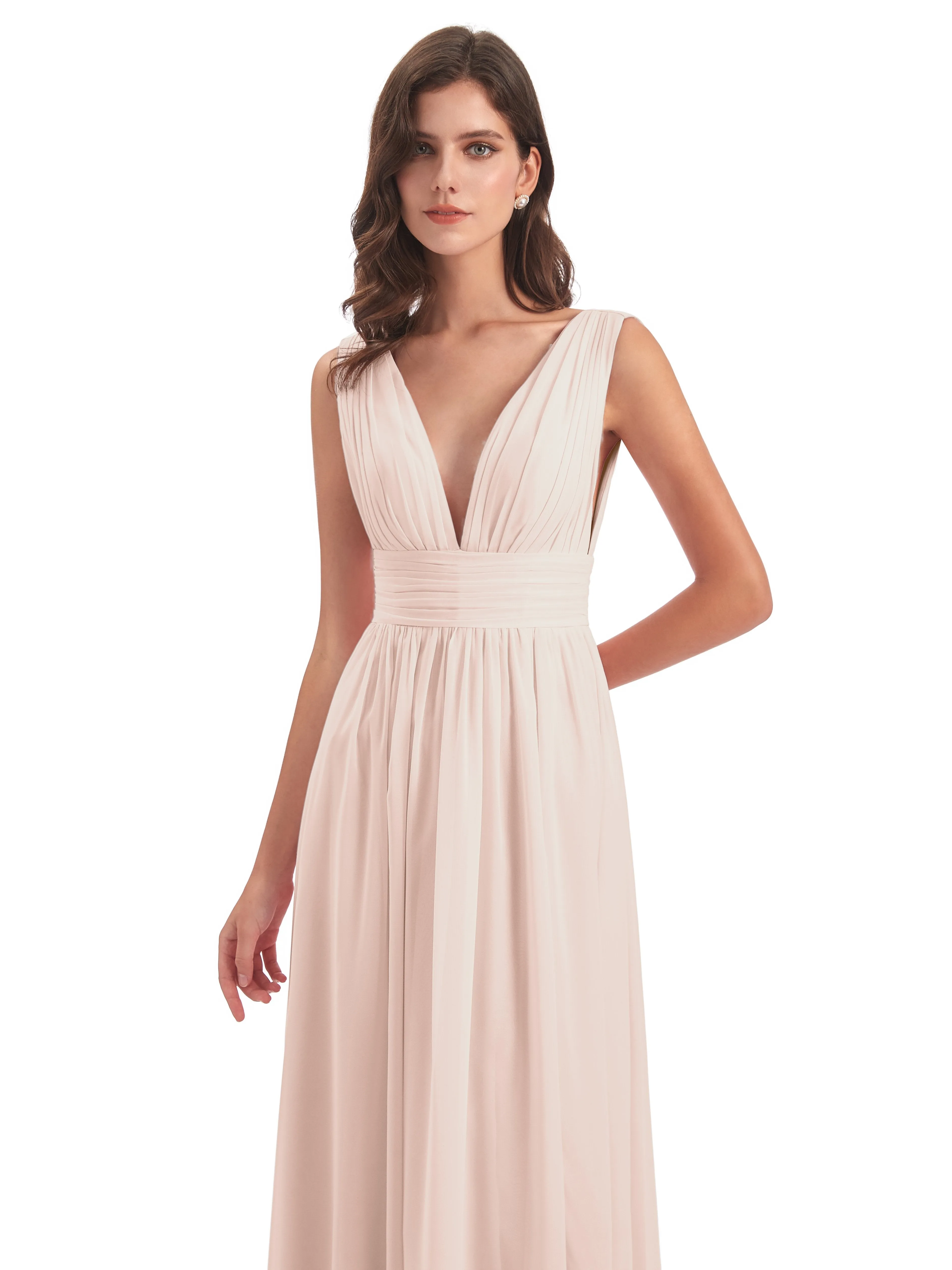 Pearl Pink Bridesmaid Charming Chiffon V Neck Split Long Bridesmaid Dresses