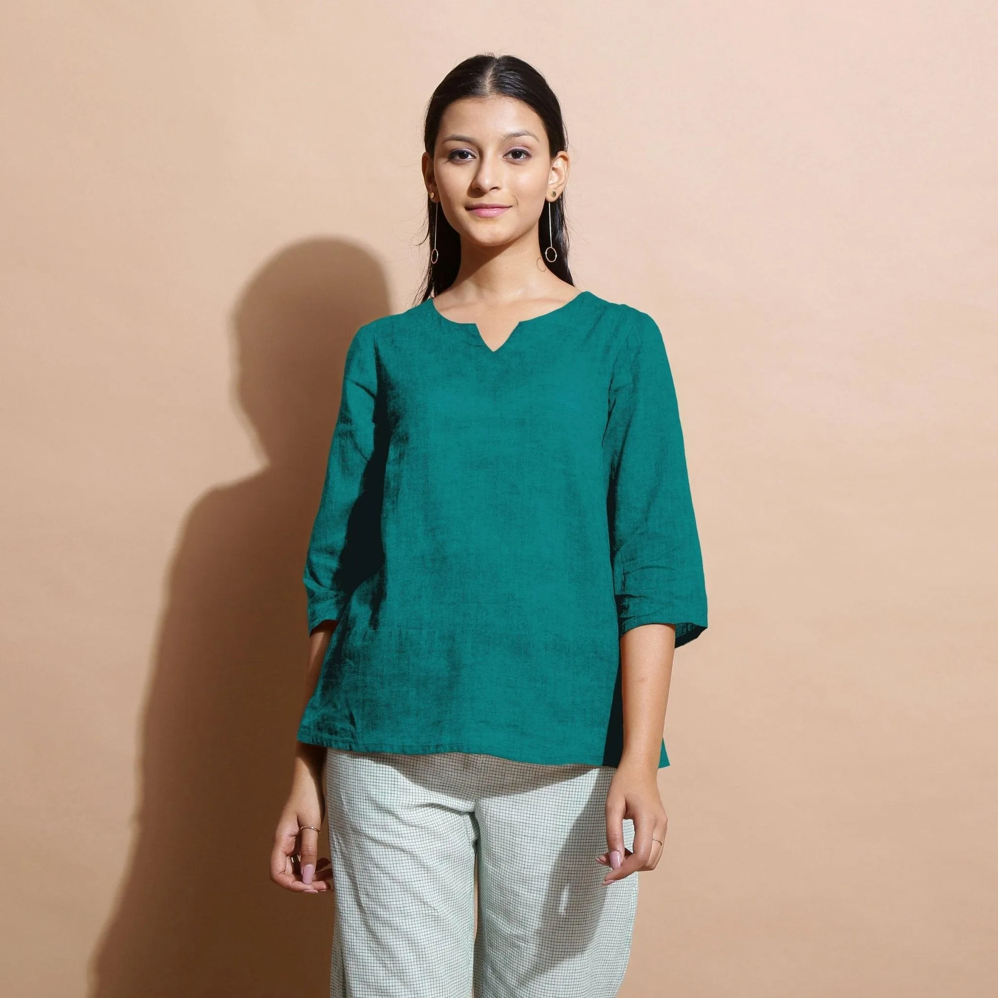 Pine Green 100% Linen Split-Neck Tunic Top