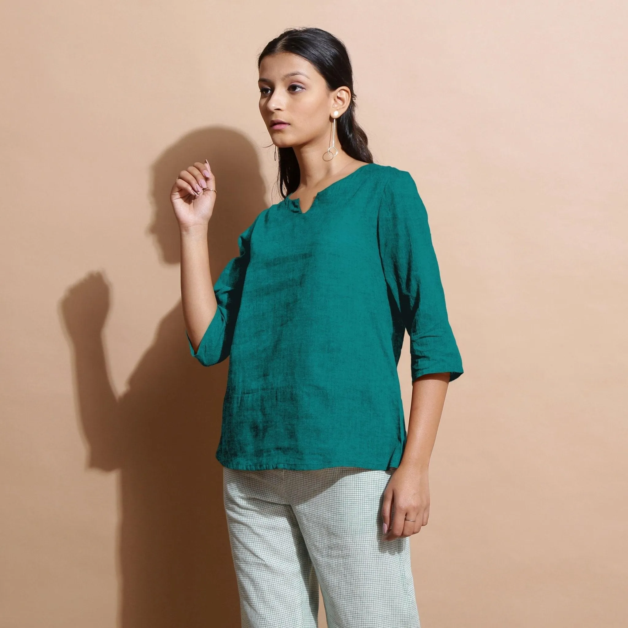 Pine Green 100% Linen Split-Neck Tunic Top