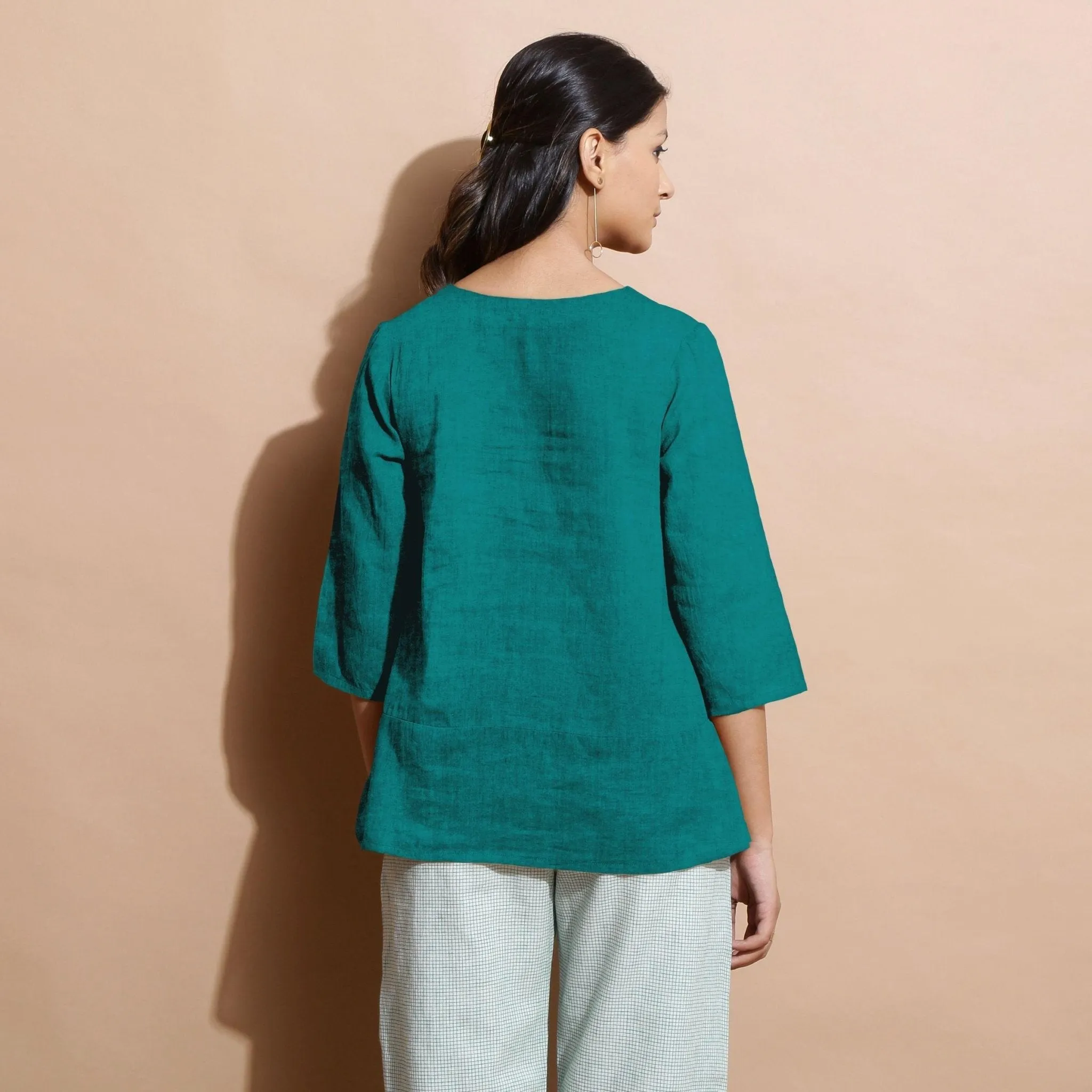 Pine Green 100% Linen Split-Neck Tunic Top