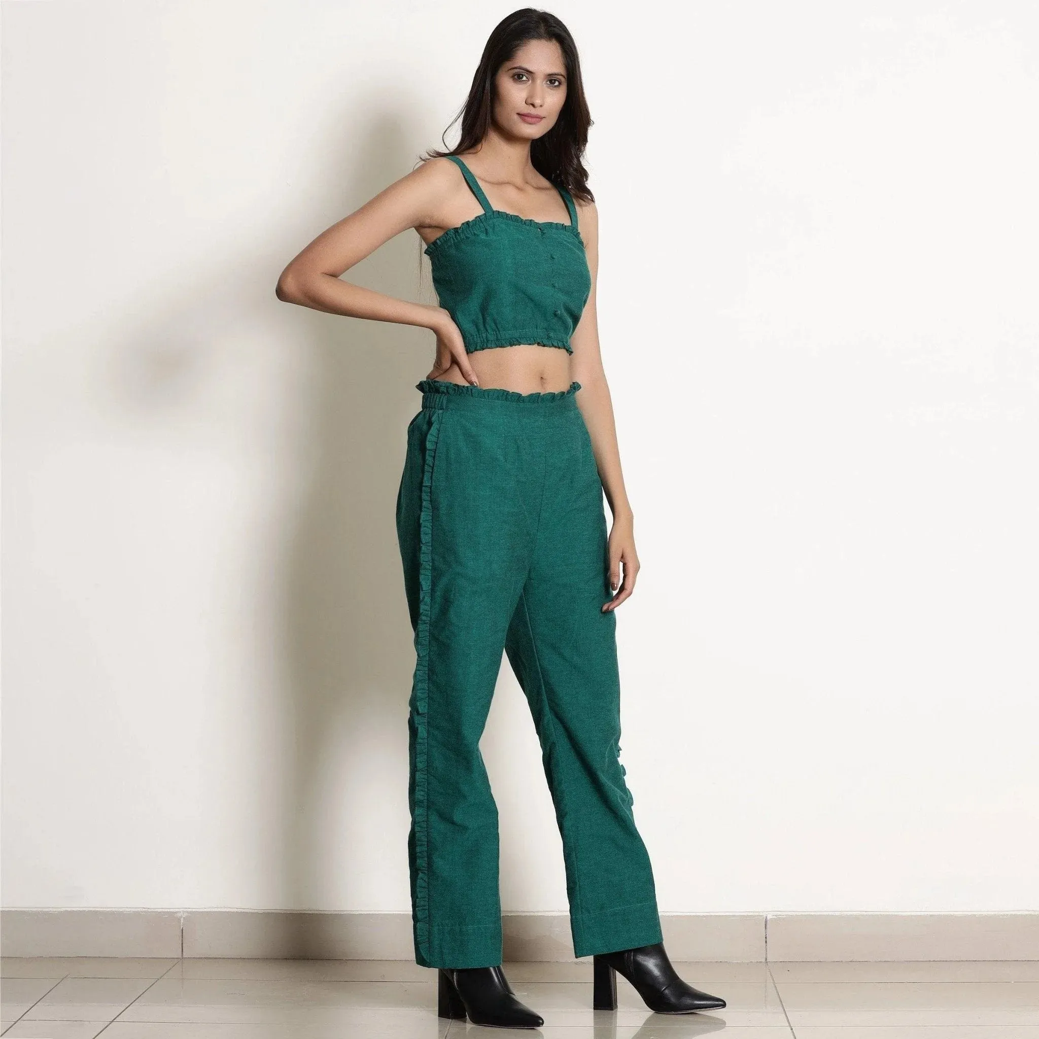 Pine Green Warm 100% Cotton Frilled Bustier Crop Top