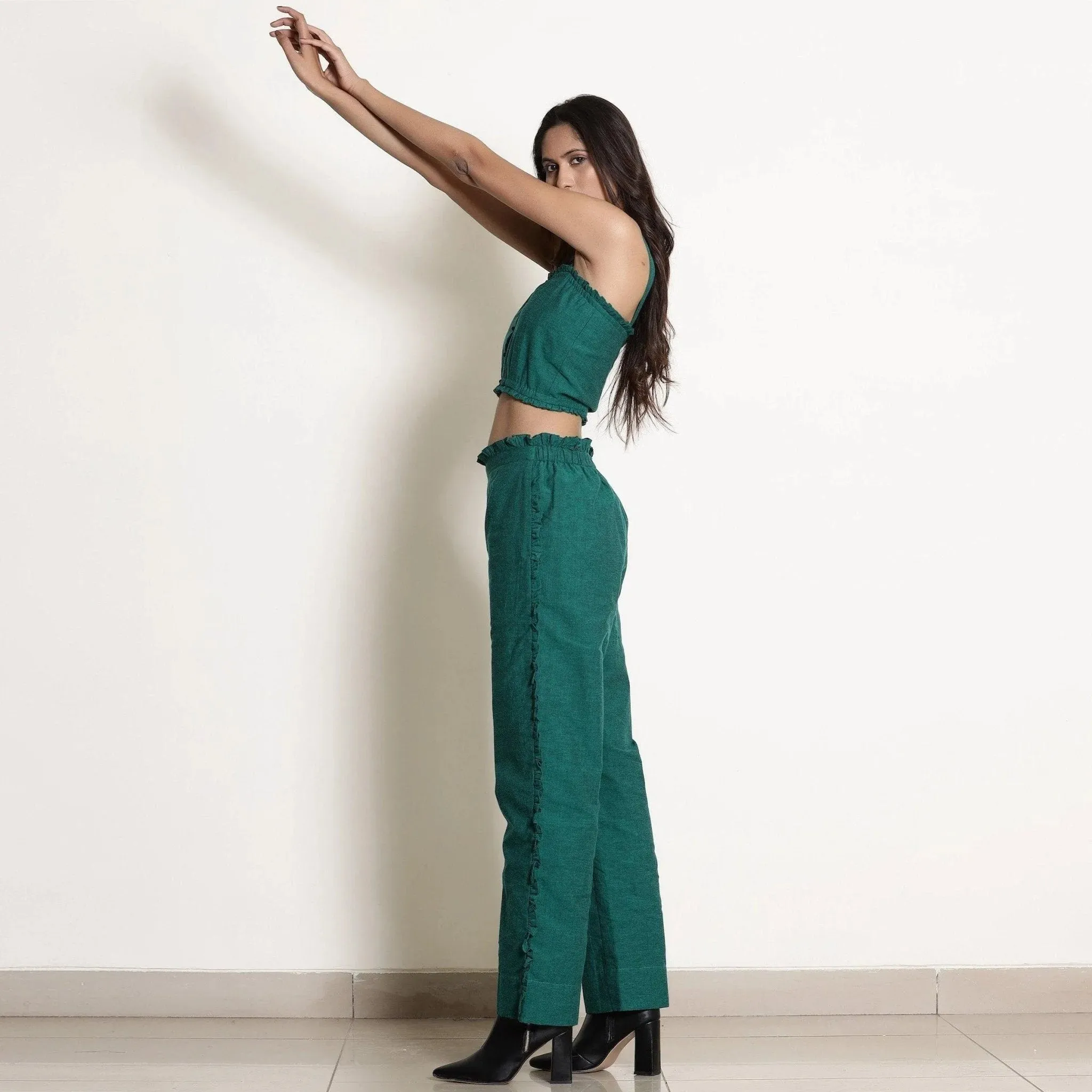 Pine Green Warm 100% Cotton Frilled Bustier Crop Top