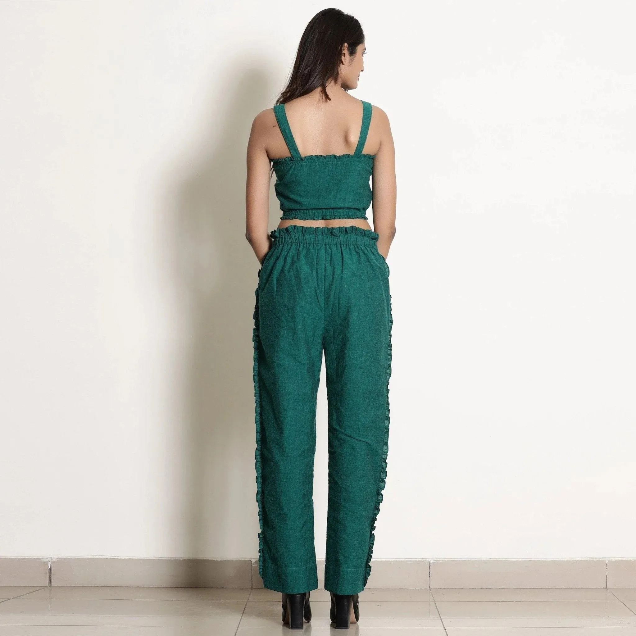 Pine Green Warm 100% Cotton Frilled Bustier Crop Top