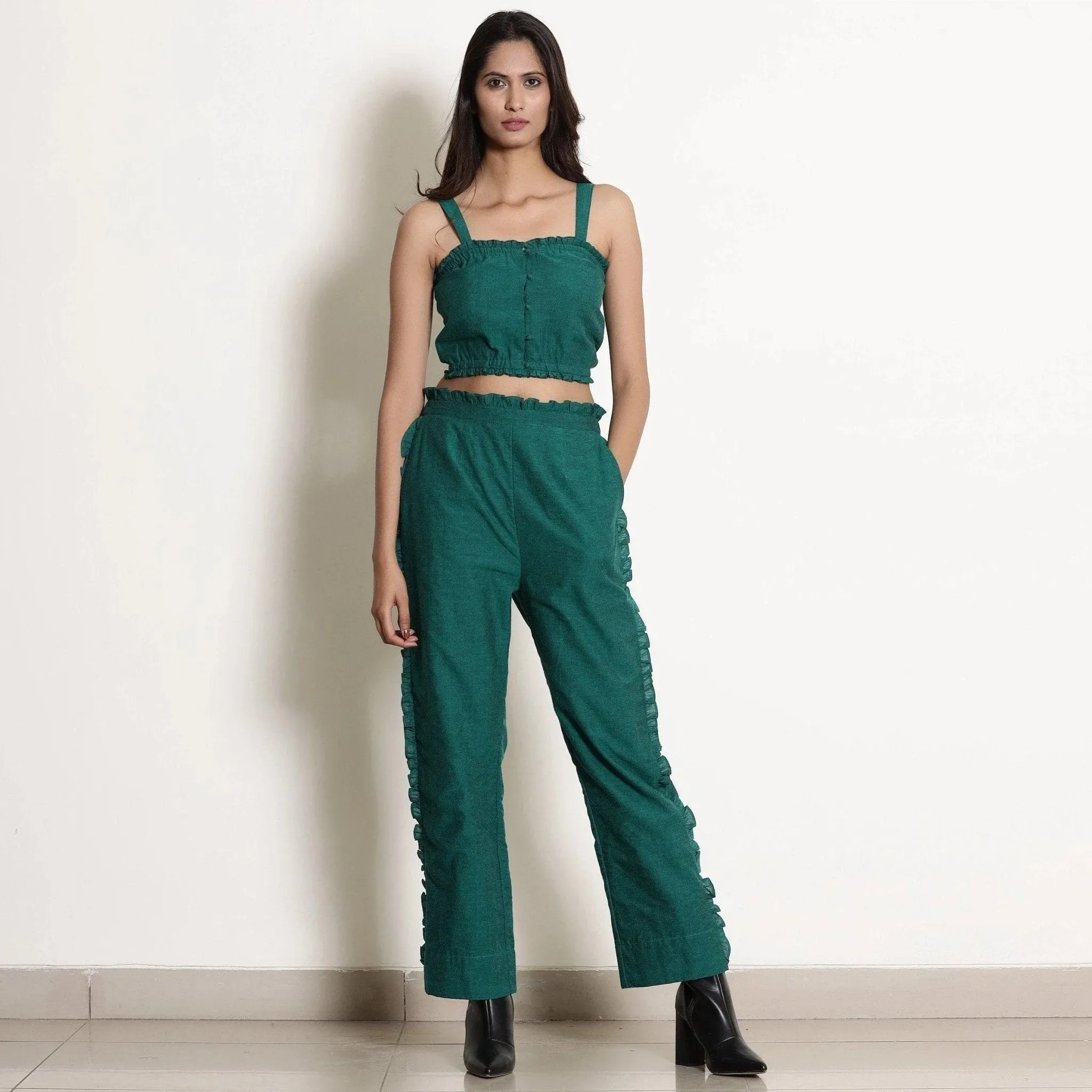 Pine Green Warm 100% Cotton Frilled Bustier Crop Top