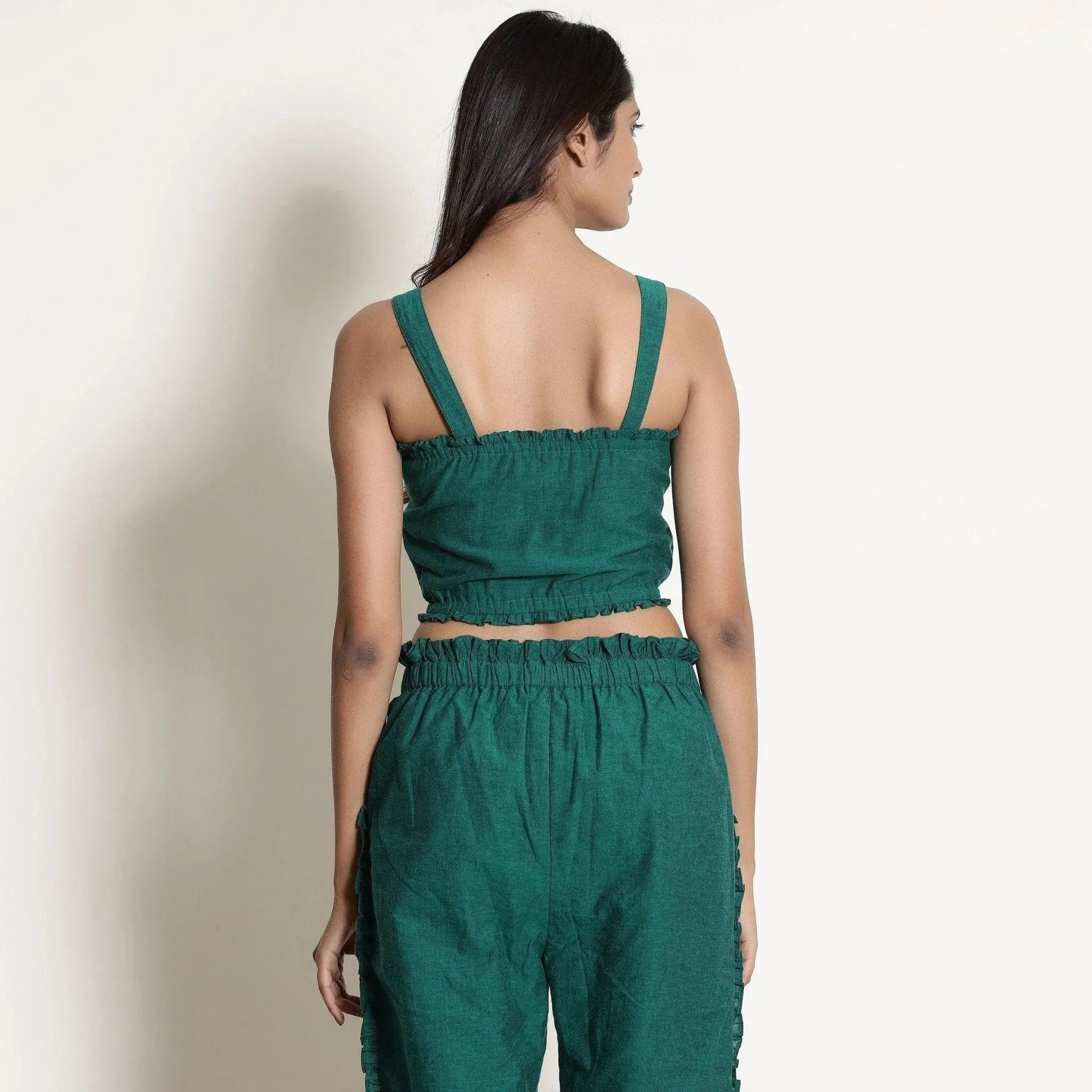 Pine Green Warm 100% Cotton Frilled Bustier Crop Top