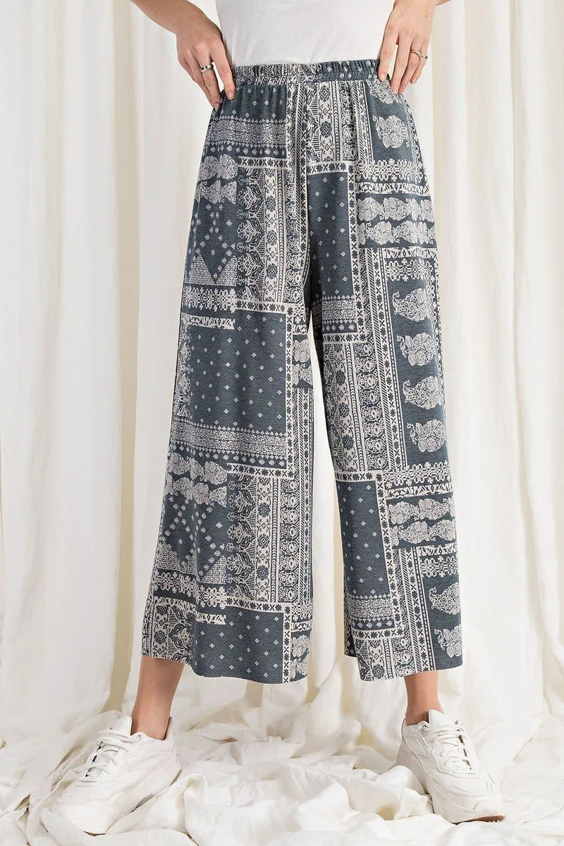 Printed Terry Knit Wide Leg Comfy Pants