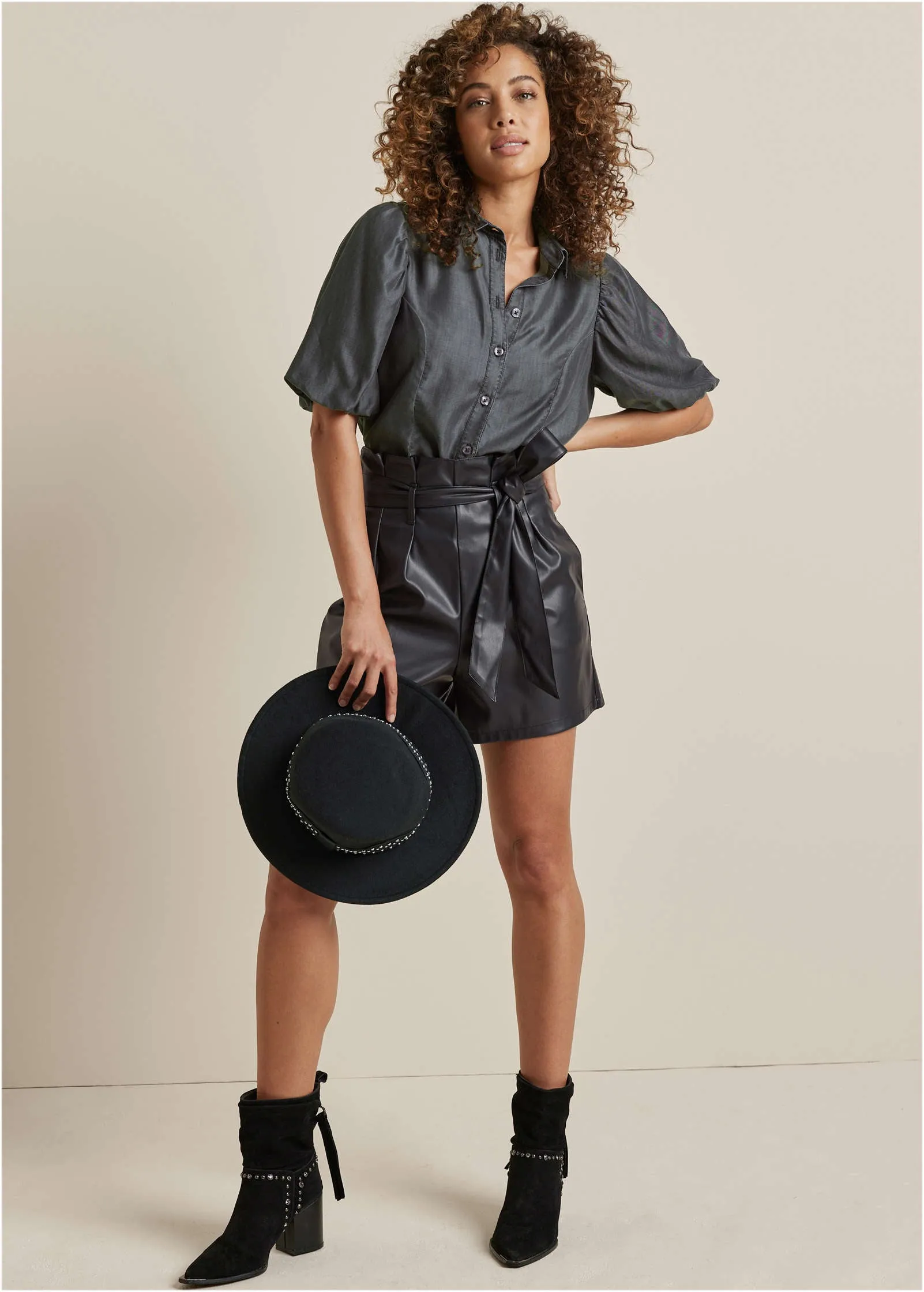 Puff Sleeve Button Down Top - Dark Grey