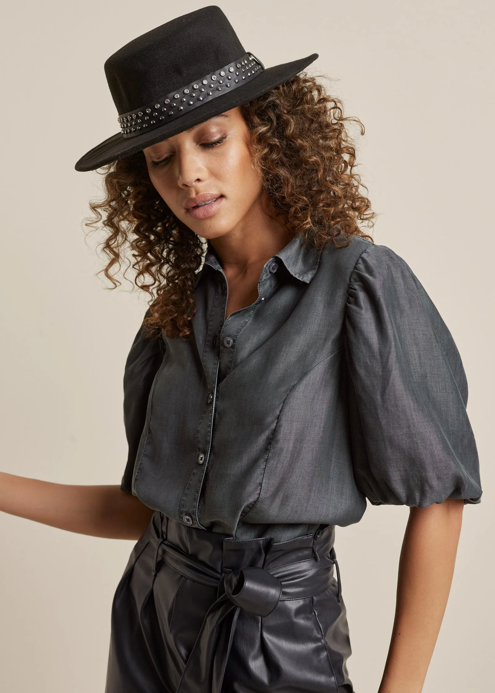 Puff Sleeve Button Down Top - Dark Grey