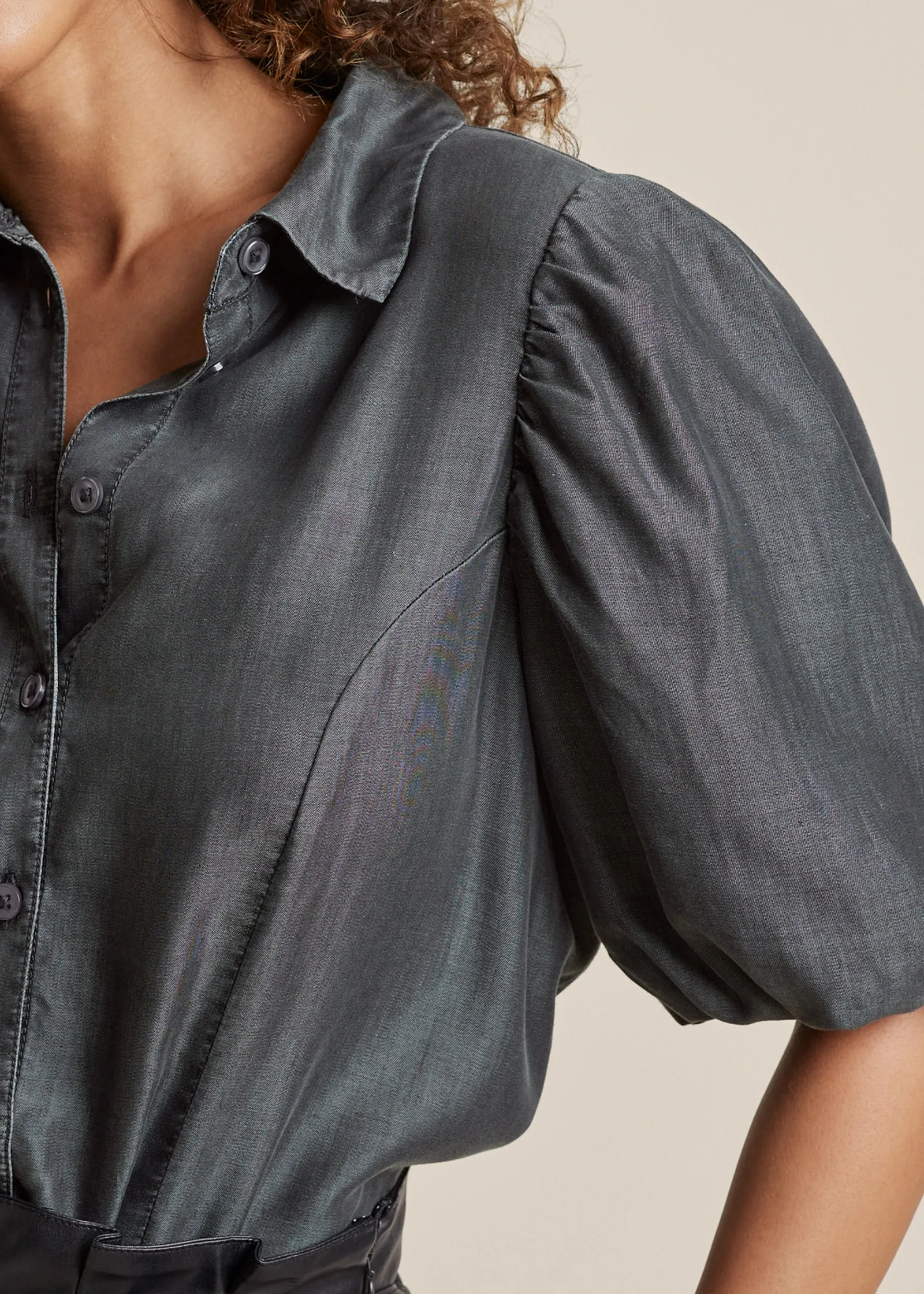 Puff Sleeve Button Down Top - Dark Grey