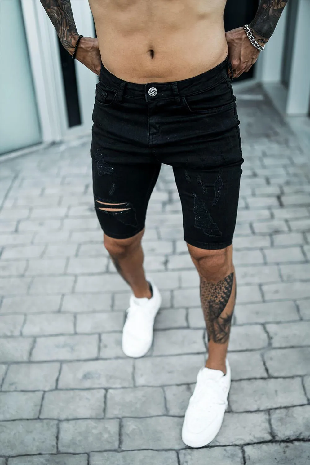 Rip & Repair Denim Shorts - Black