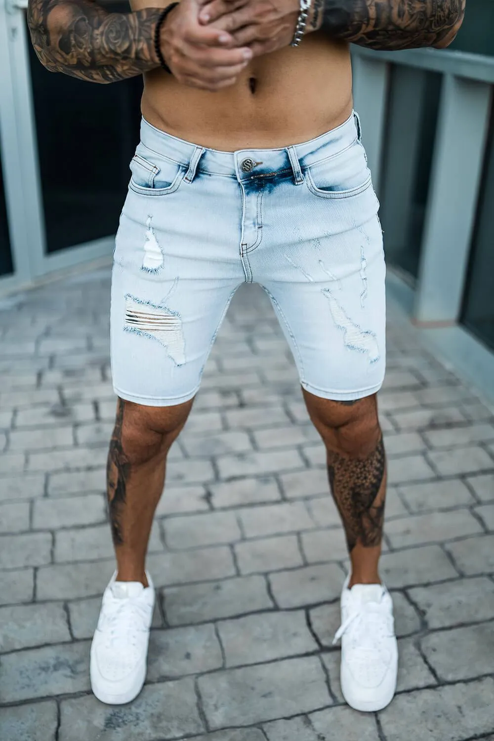 Rip & Repair Denim Shorts - Light Blue