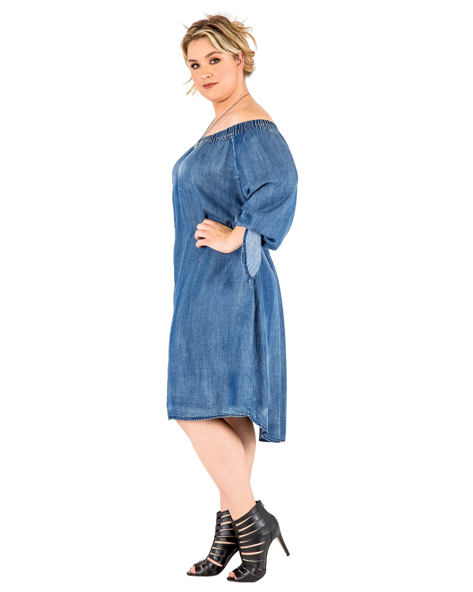 Ruby Denim Off Shoulder Peasant Dress | Blue