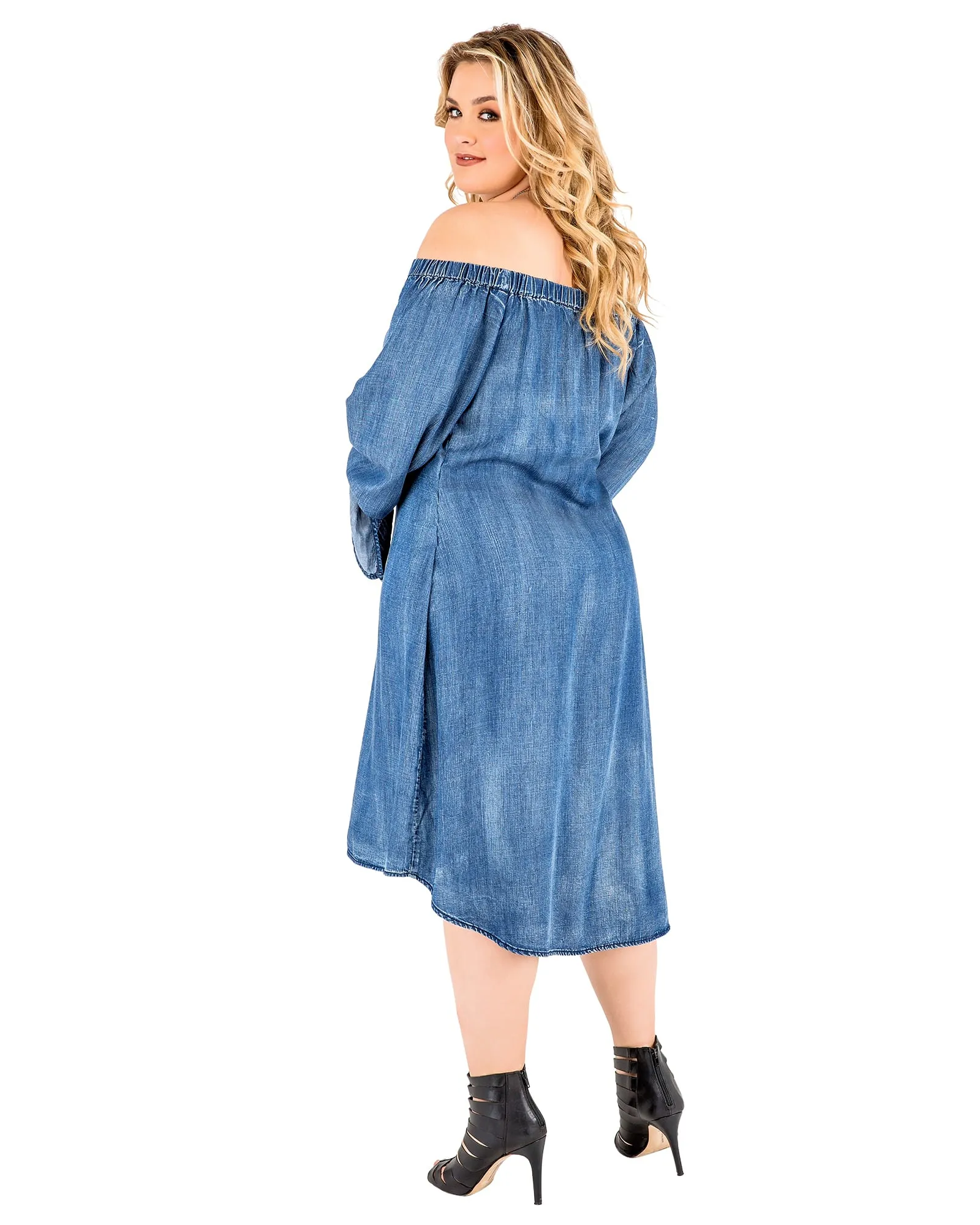 Ruby Denim Off Shoulder Peasant Dress | Blue