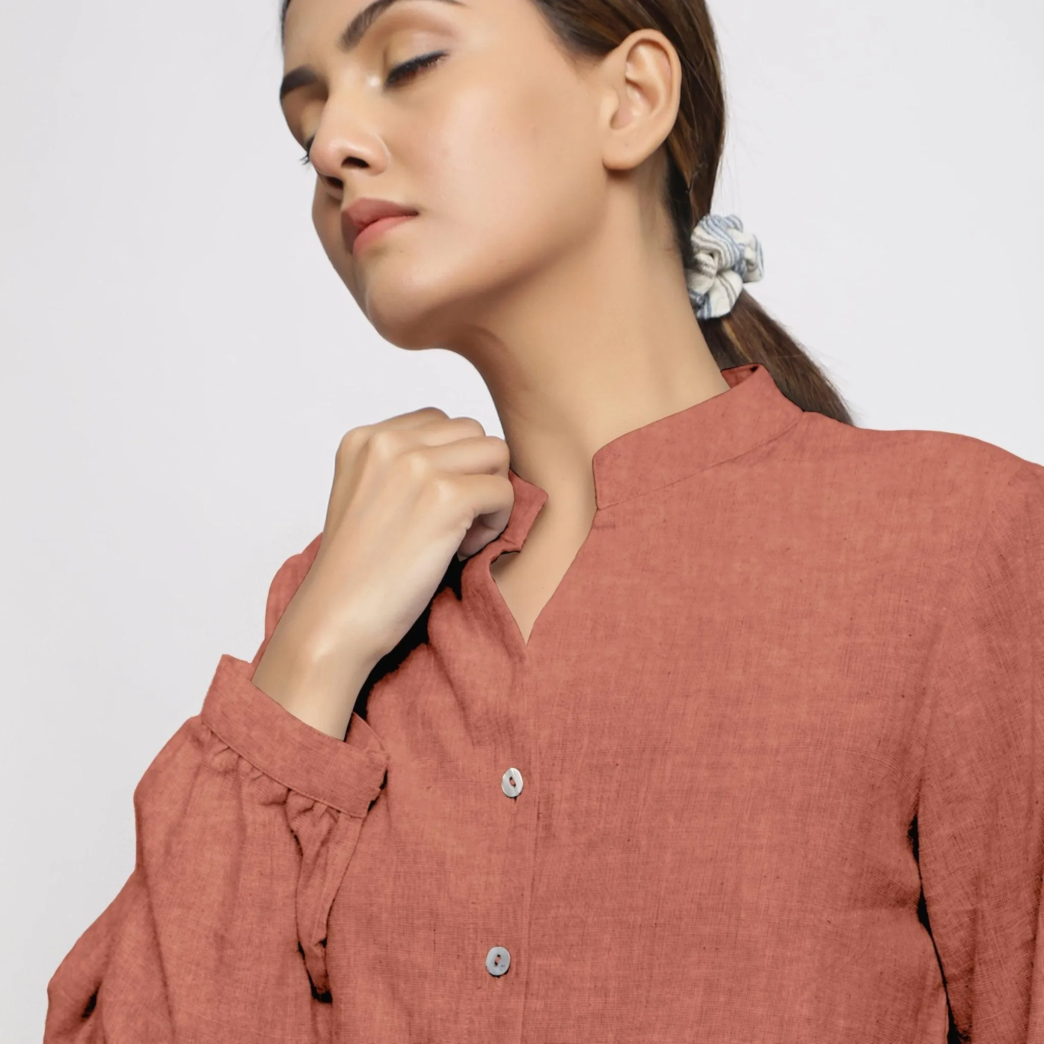 Rust 100% Linen Mandarin Collar Full Sleeve Shirt