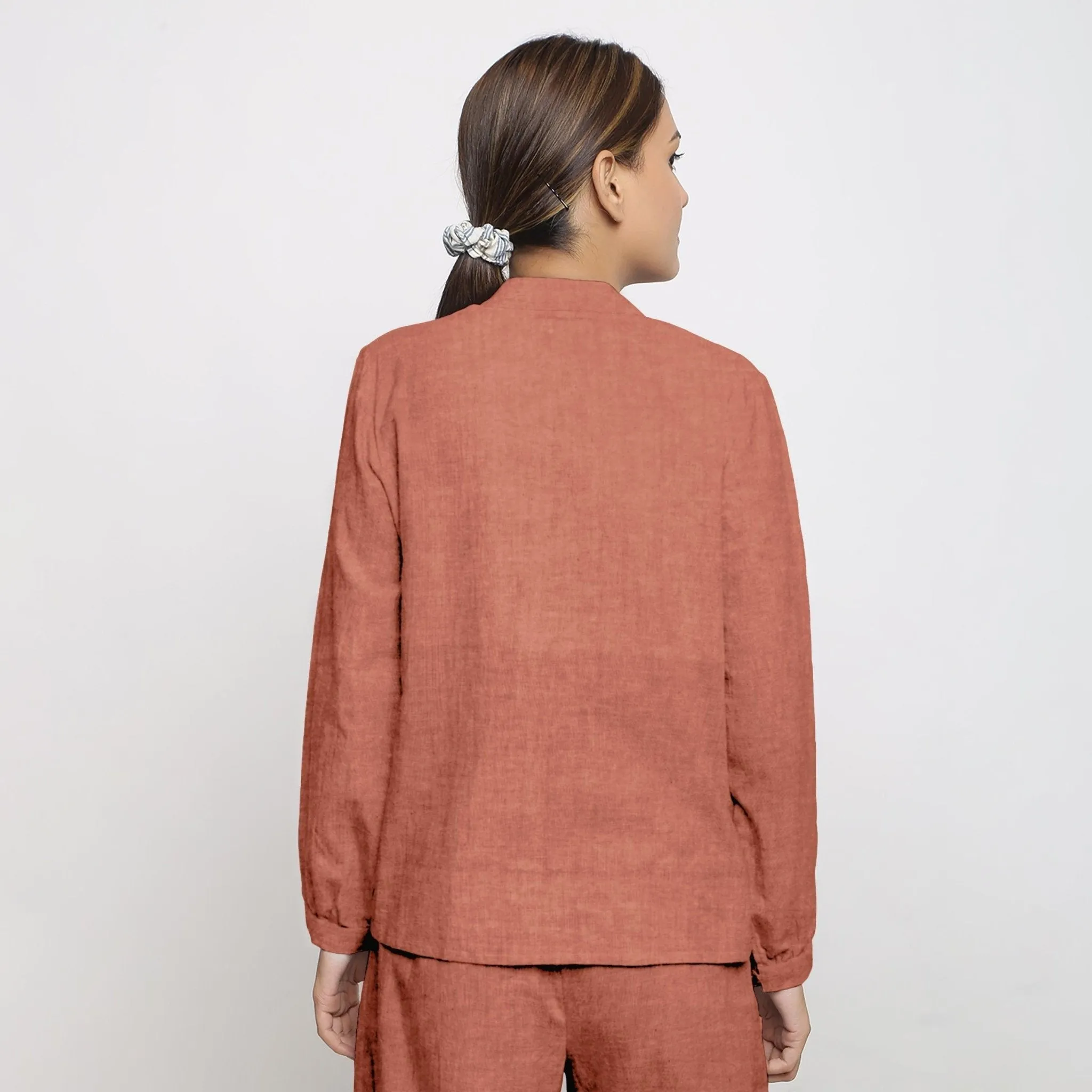 Rust 100% Linen Mandarin Collar Full Sleeve Shirt