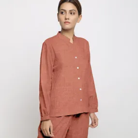 Rust 100% Linen Mandarin Collar Full Sleeve Shirt