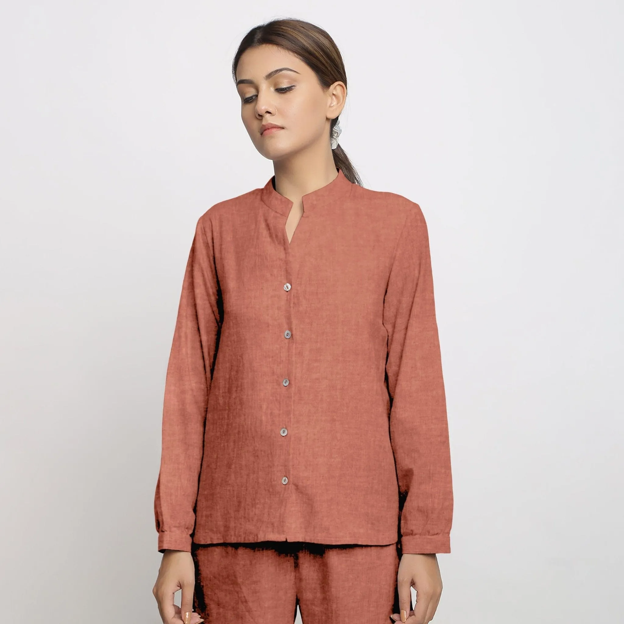 Rust 100% Linen Mandarin Collar Full Sleeve Shirt