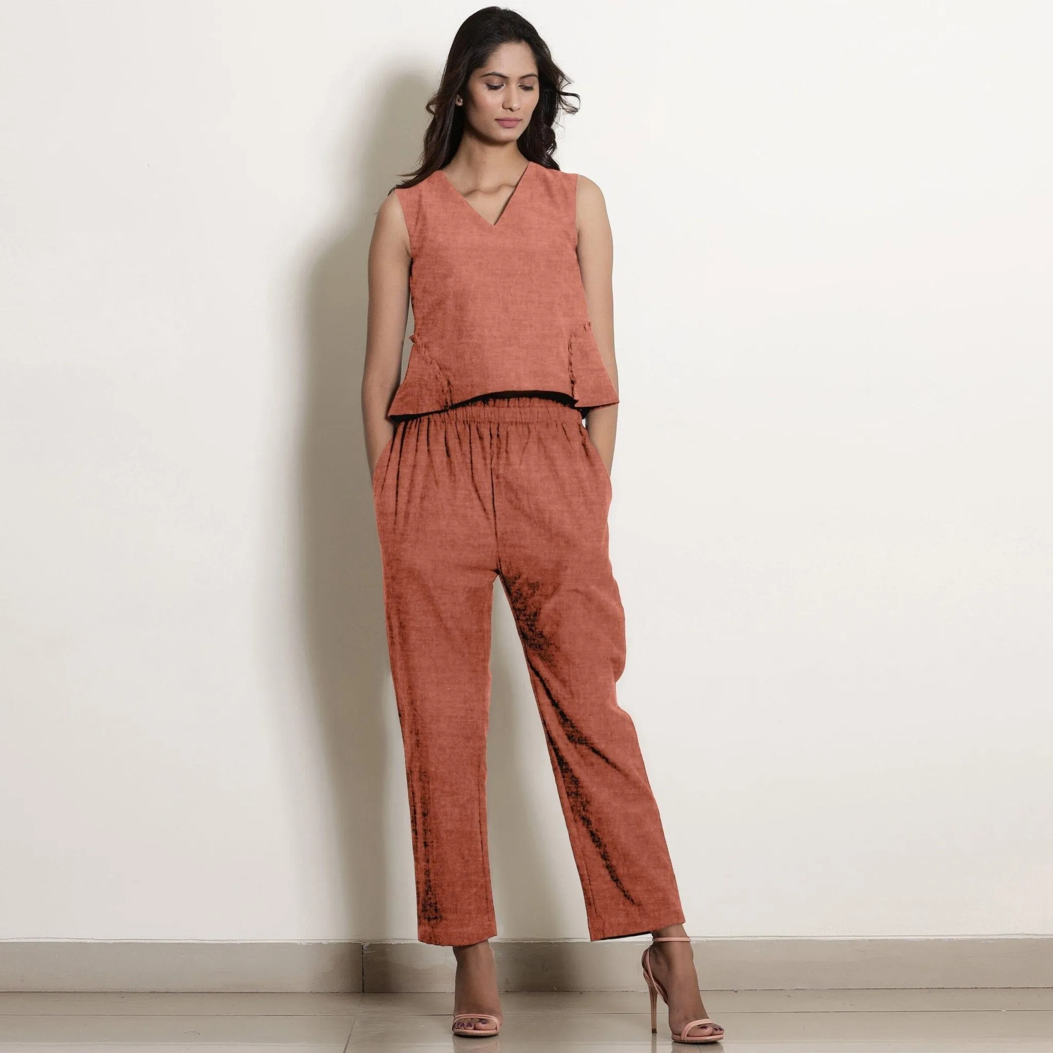 Rust 100% Linen V-Neck Frilled Godet Top