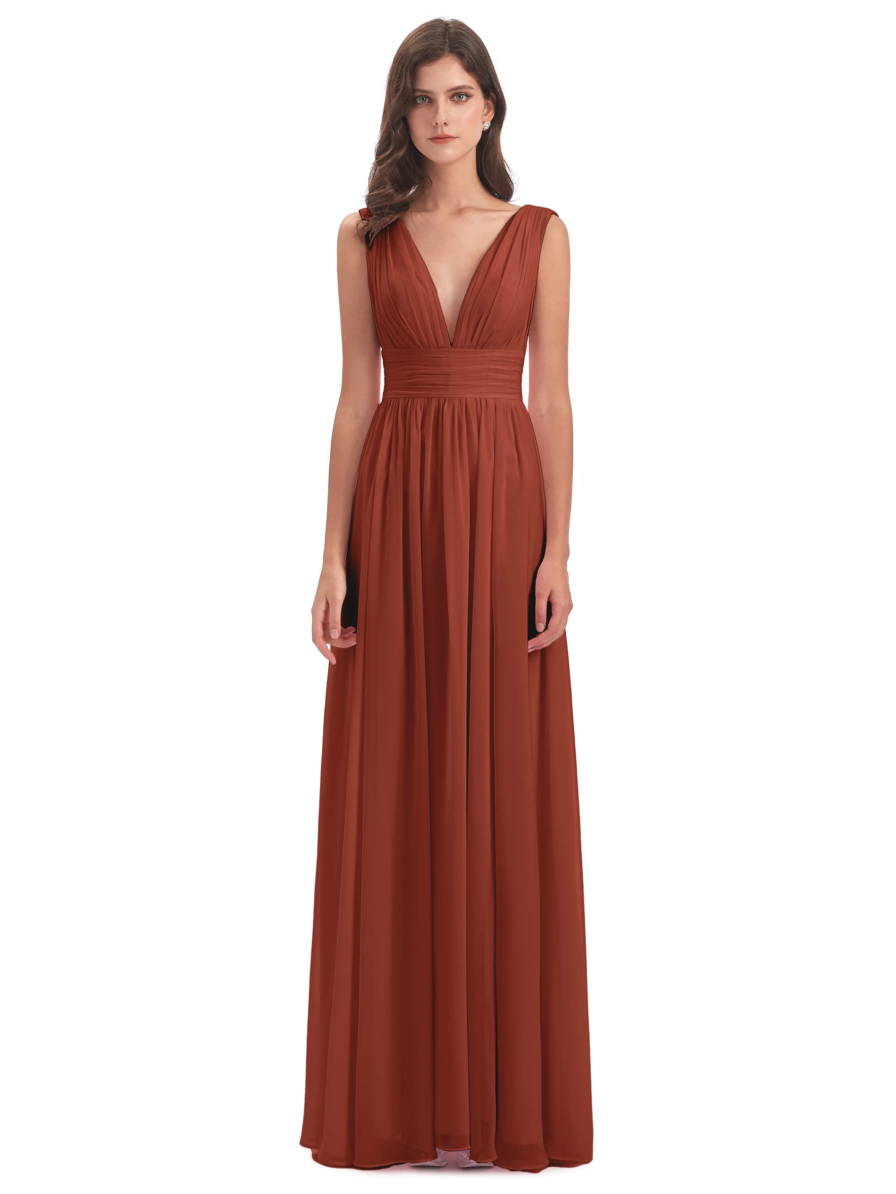 Rust Coloured Bridesmaid Dresses Charming Chiffon V Neck Split Long Bridesmaid Dresses