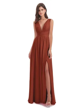 Rust Coloured Bridesmaid Dresses Charming Chiffon V Neck Split Long Bridesmaid Dresses