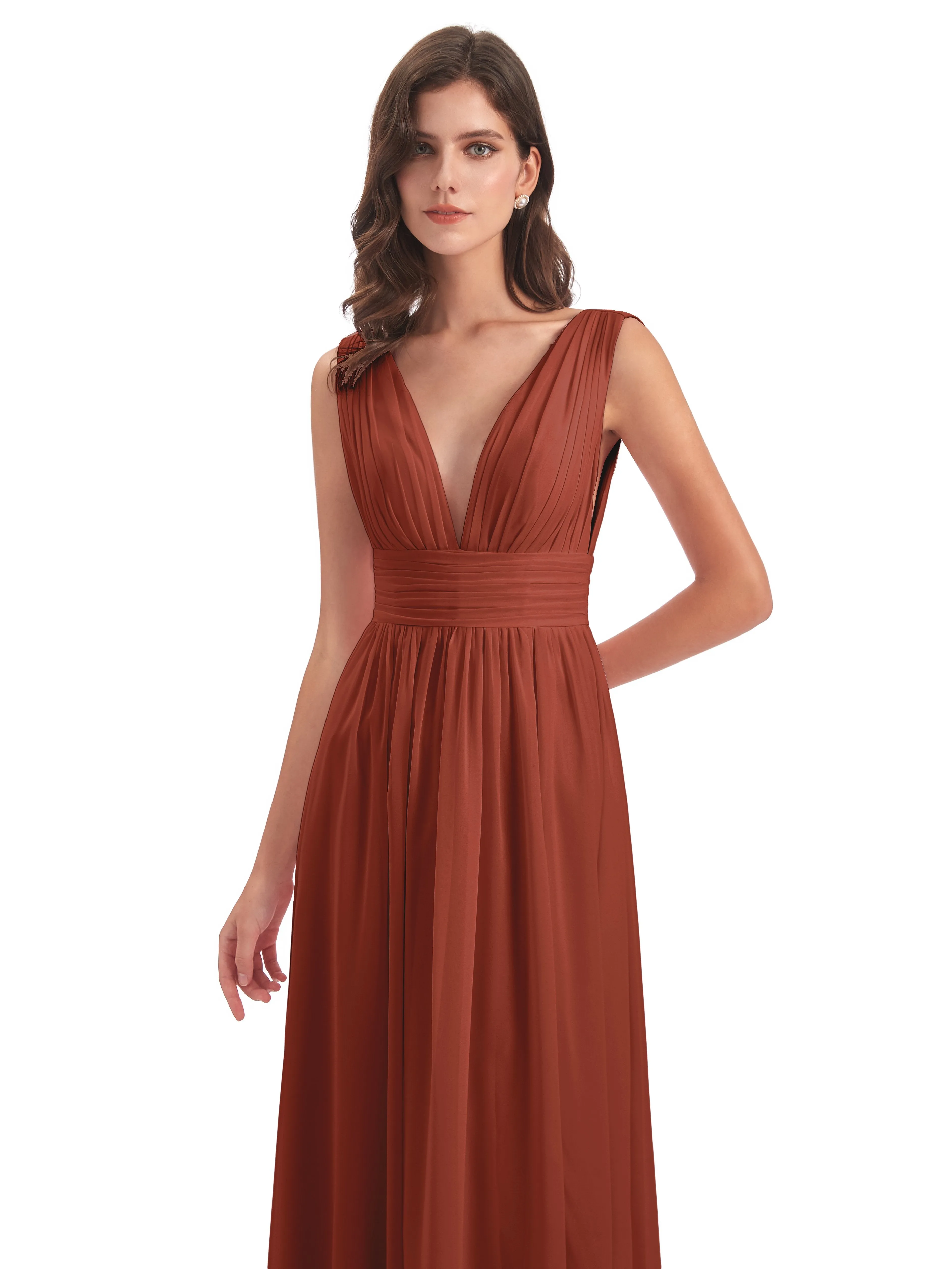 Rust Coloured Bridesmaid Dresses Charming Chiffon V Neck Split Long Bridesmaid Dresses