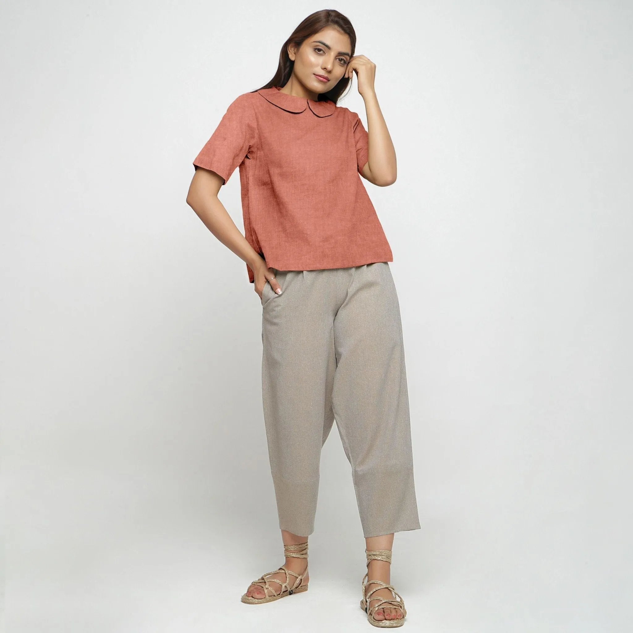 Rust Sandstone 100% Linen Peter Pan Collar Top