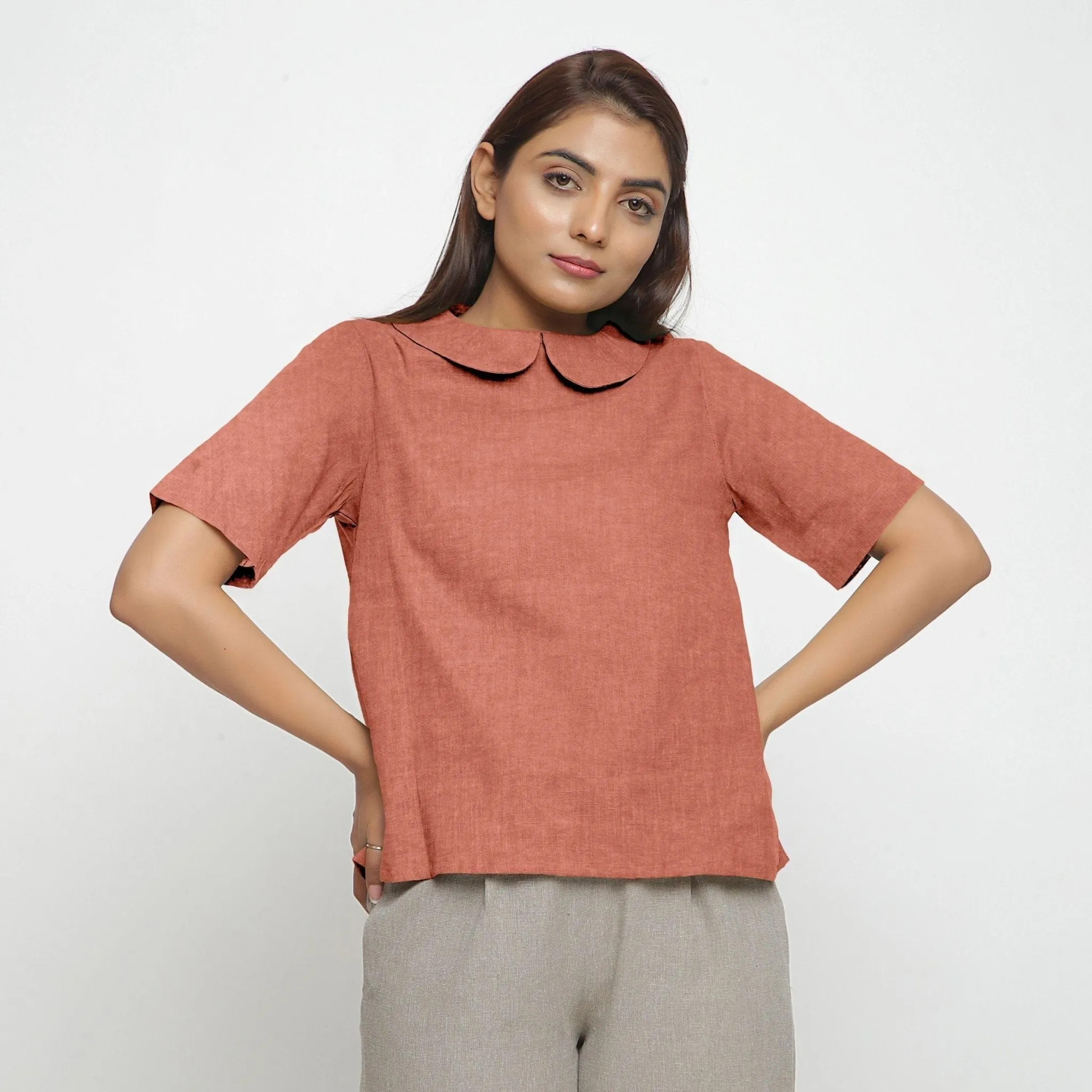 Rust Sandstone 100% Linen Peter Pan Collar Top