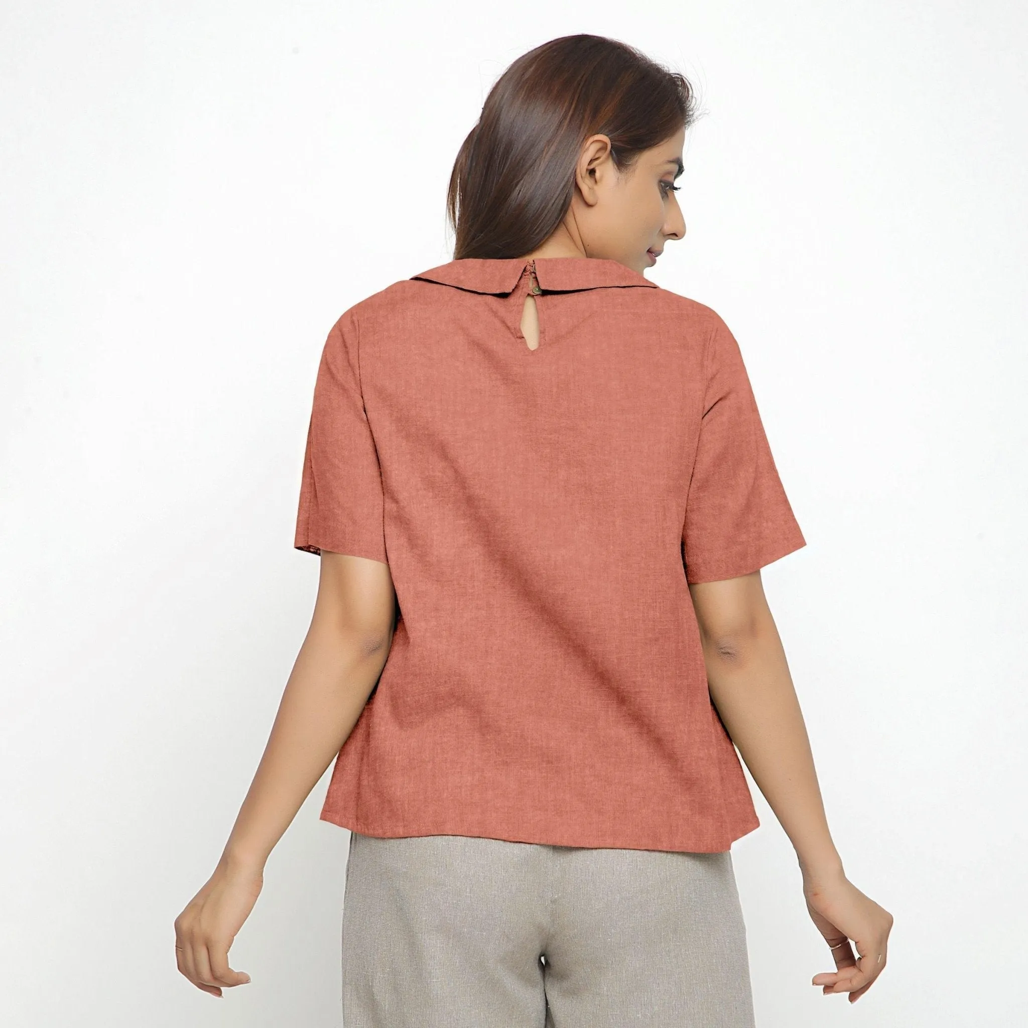 Rust Sandstone 100% Linen Peter Pan Collar Top