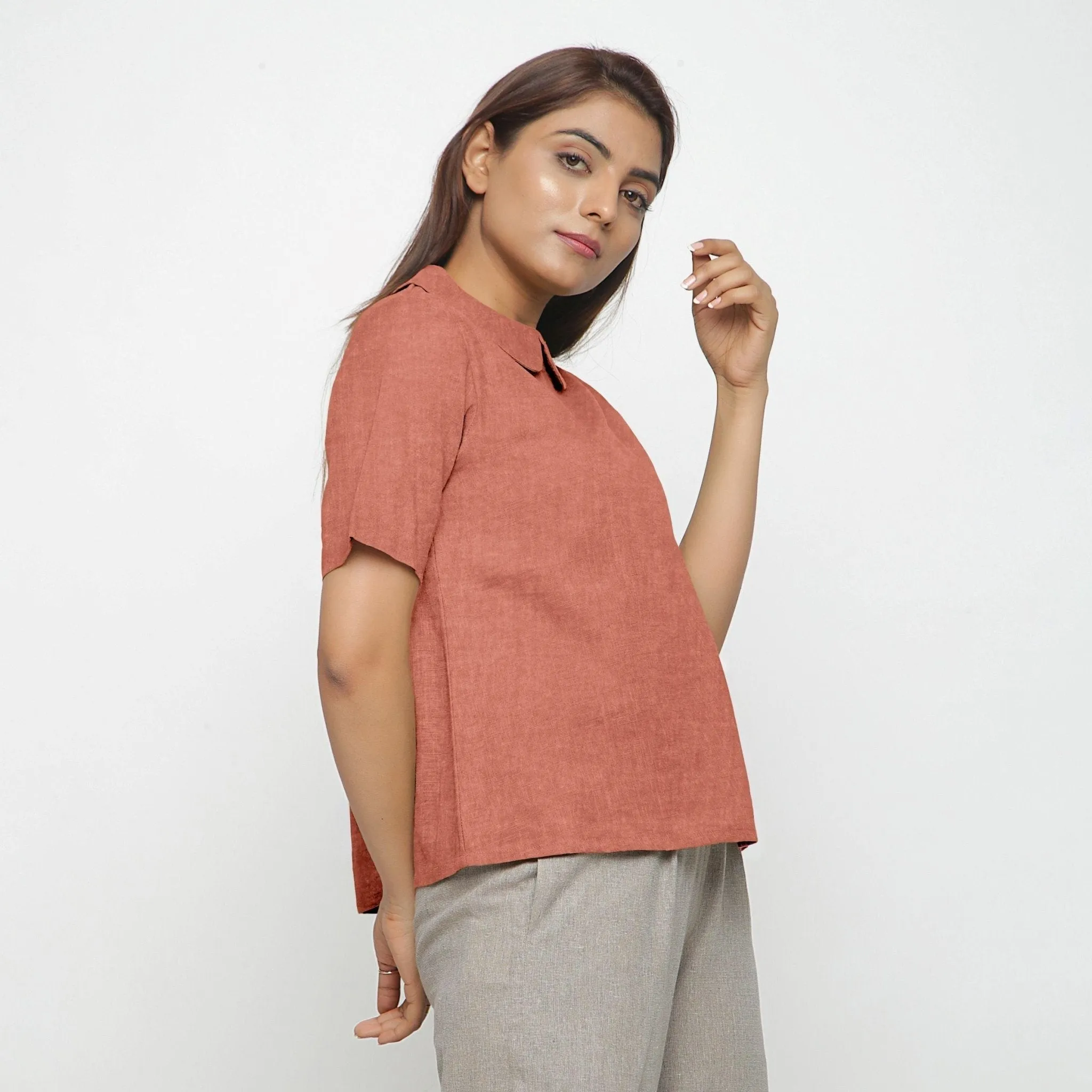 Rust Sandstone 100% Linen Peter Pan Collar Top