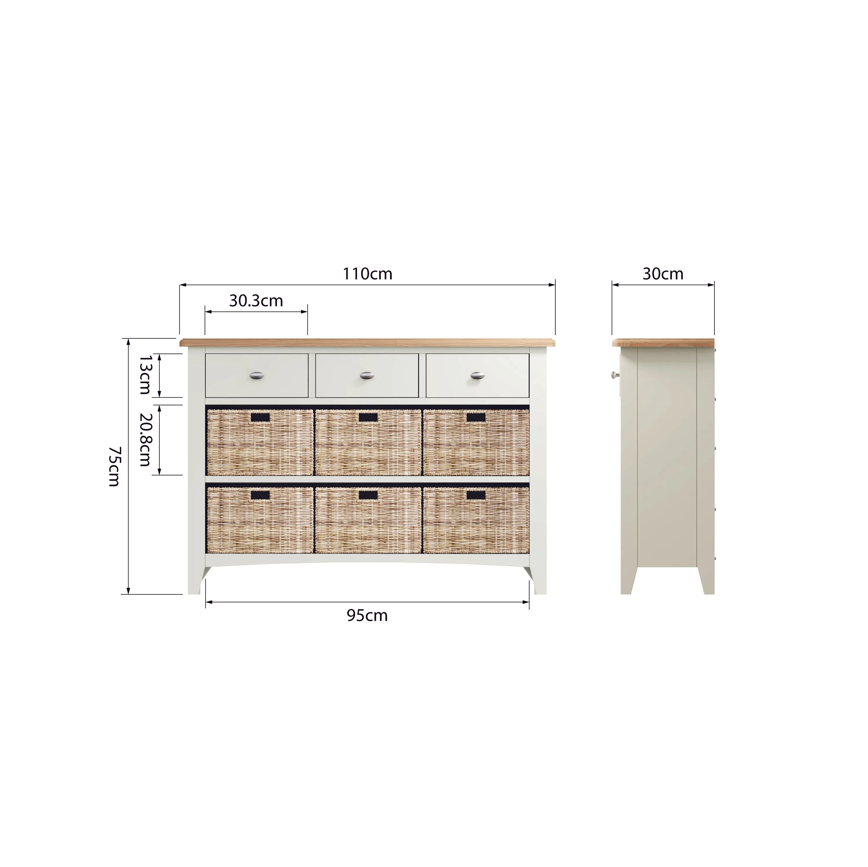 Salisbury Pure White Storage Cabinet Unit 3 Drawer 6 Basket 110 x 30 x 75 cm