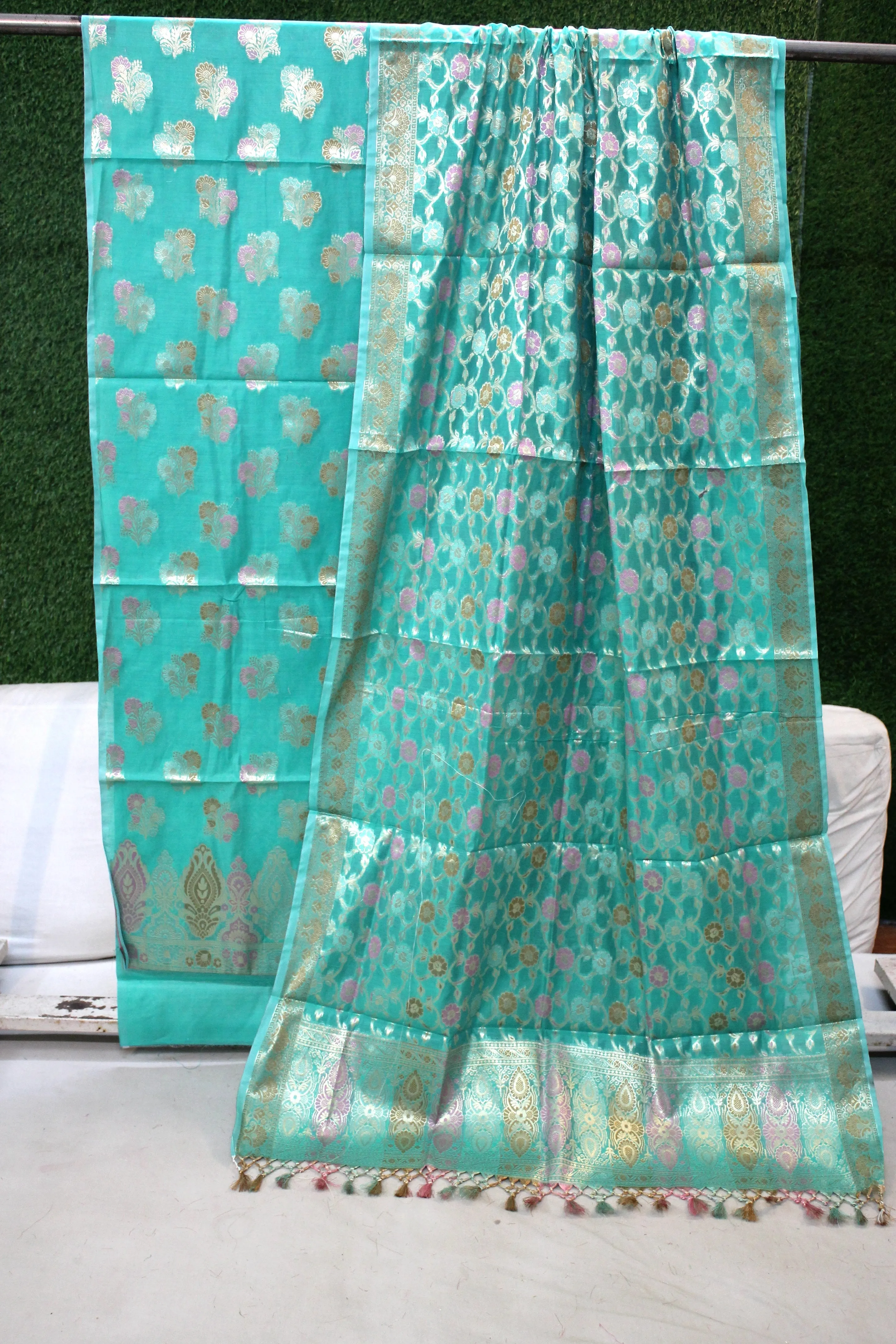 Sea Blue Tilfi Weave 3-Piece Pure Cotton Handloom Banarasi Suit Set