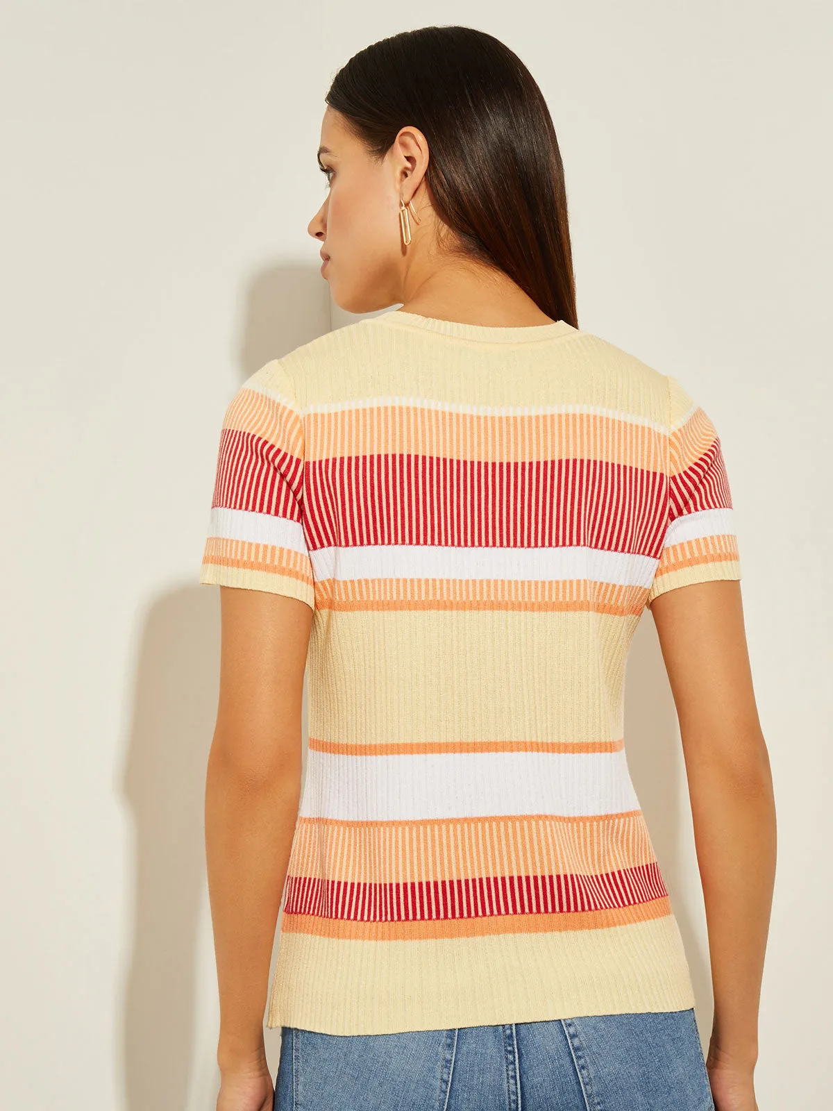 Short Sleeve Intarsia Striped Soft Knit Top