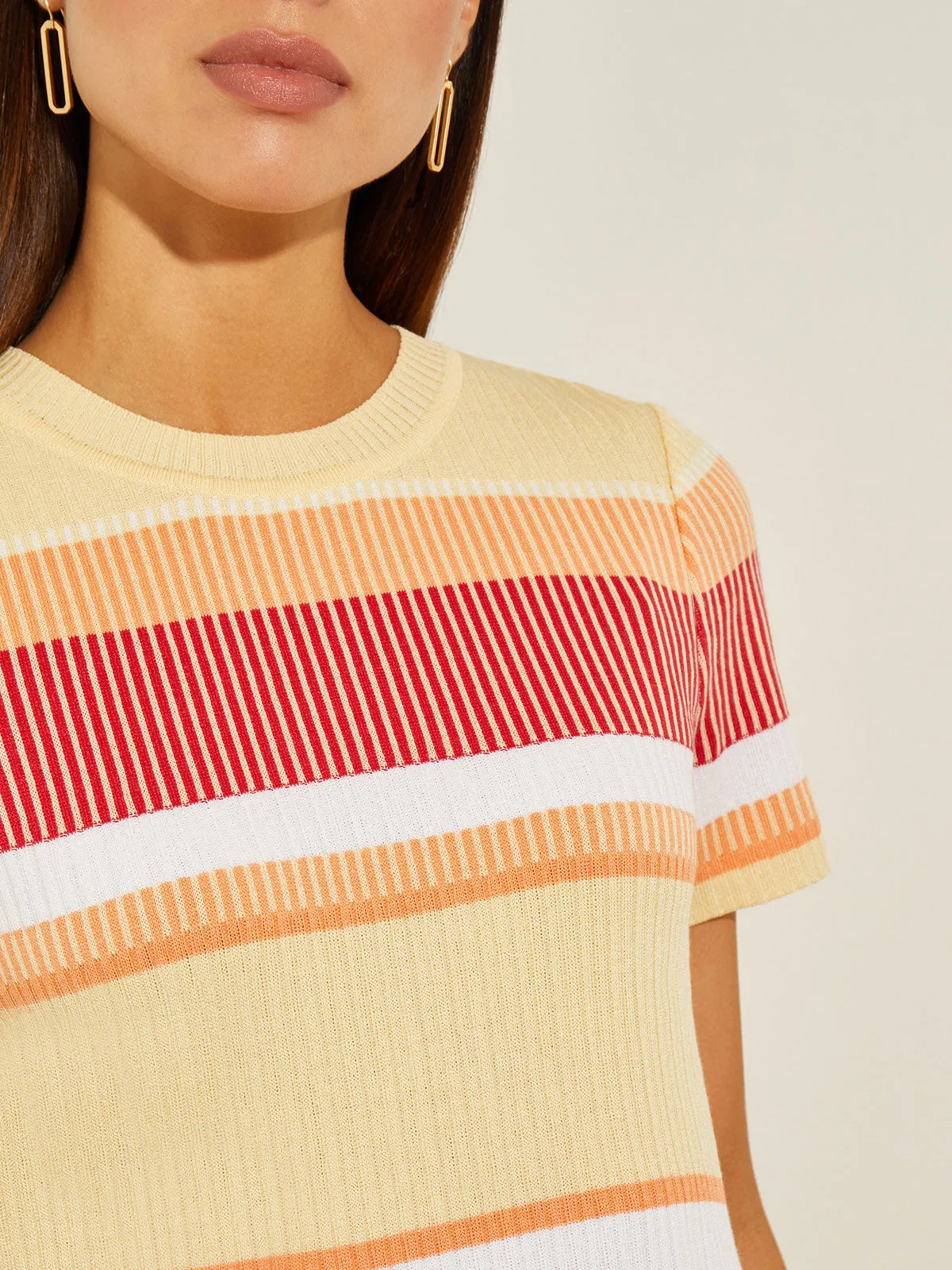 Short Sleeve Intarsia Striped Soft Knit Top