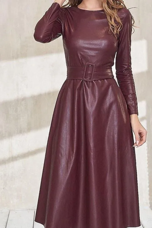 Simple round neck slim PU leather belt dress