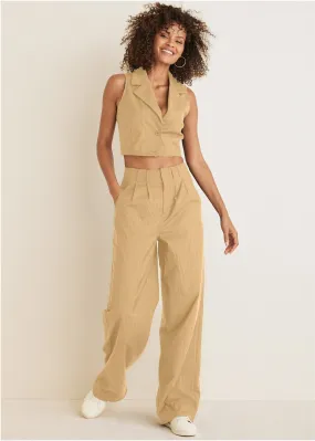 Sleeveless Cropped Suit Set - Camel